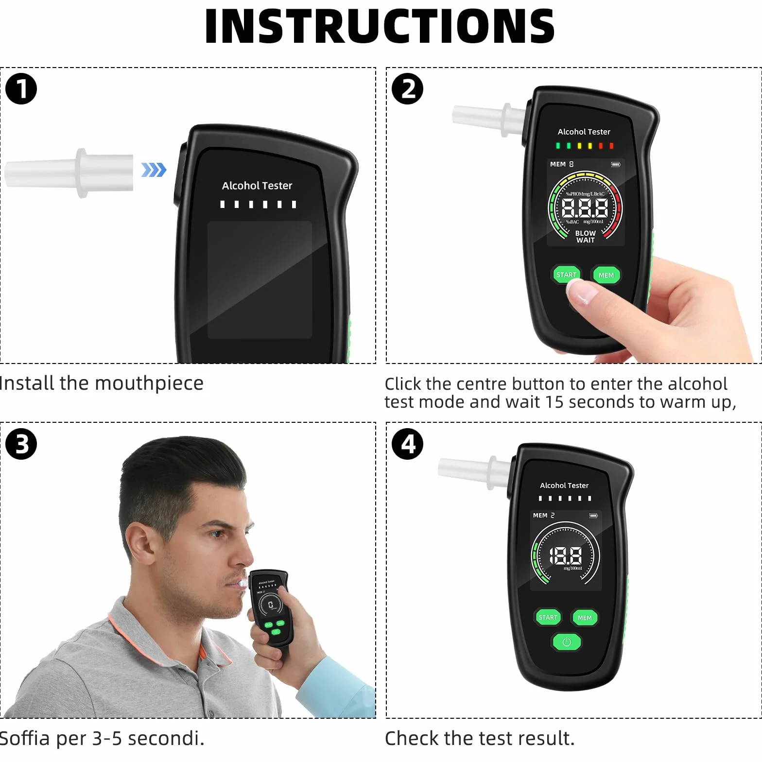 Etilometro Elettronico Portatile Certificato Etilometro di Alta Precisione con 5 boccagli, Etilometro Altamente Preciso con Schermo LCD Digitale per Test Personali a Casa