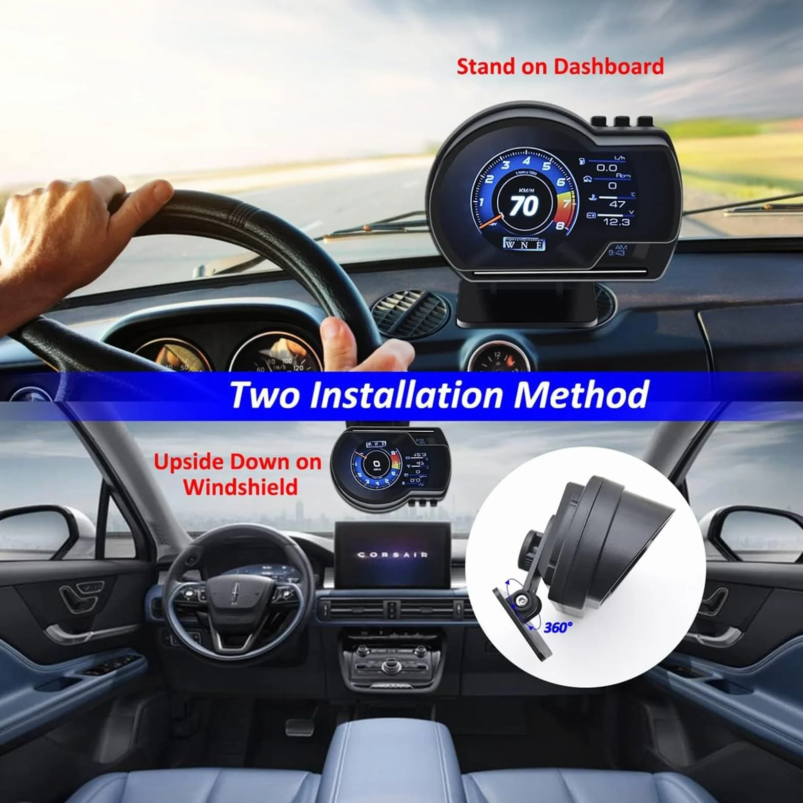 KAOLALI Head Up Display per Auto OBD GPS Tachimetro Universale HUD Indicatore Intelligente con Staffa Regolabile Luce KMH MPH per Auto Camion Camper Tachimetro Guida sicura