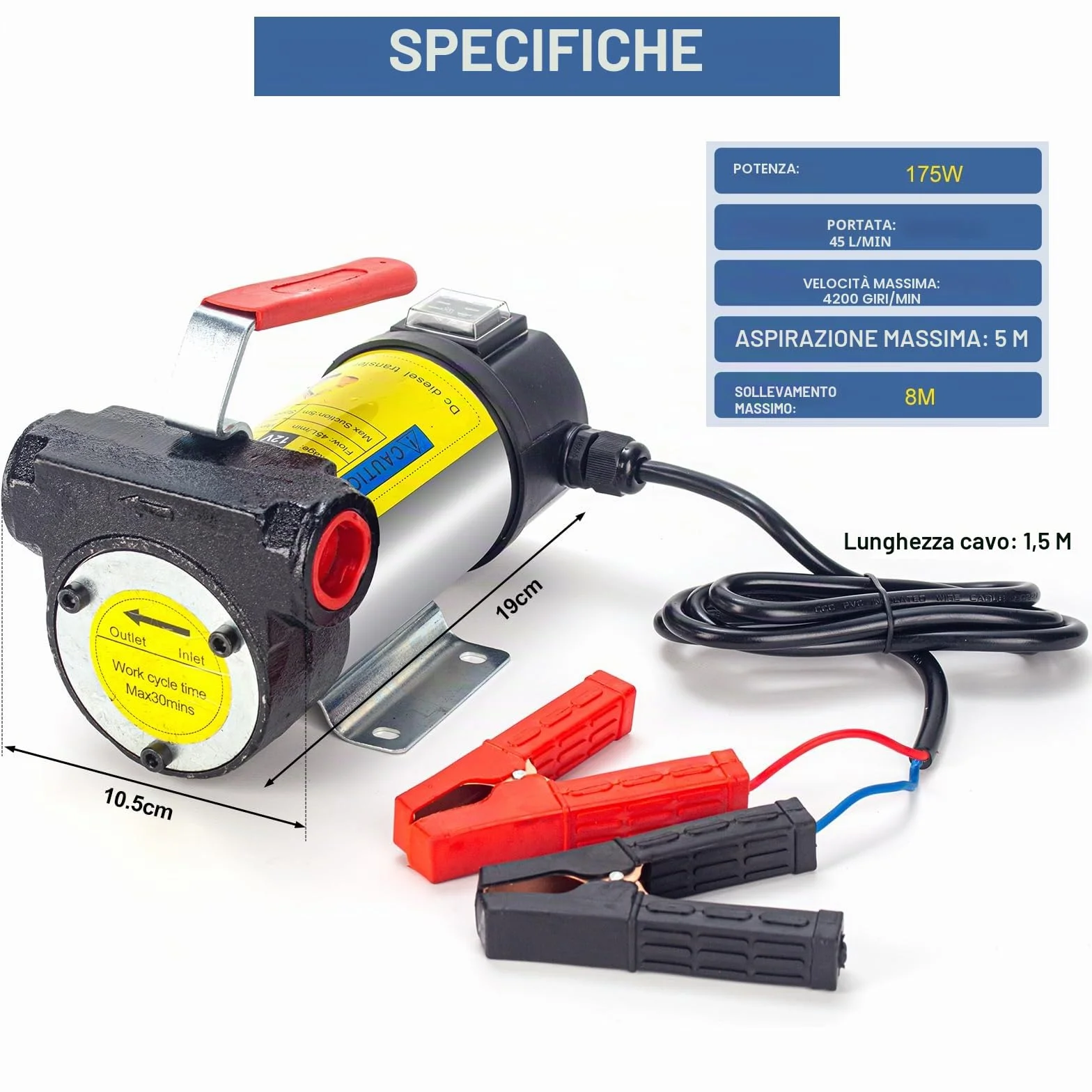 12V 175W Diesel Pompa di Trasferimento 45L/Min Pompa di Trasferimento Carburante Elettrico con Ugello e Tubo per Diesel, Cherosene,Con Caja de Herramientas