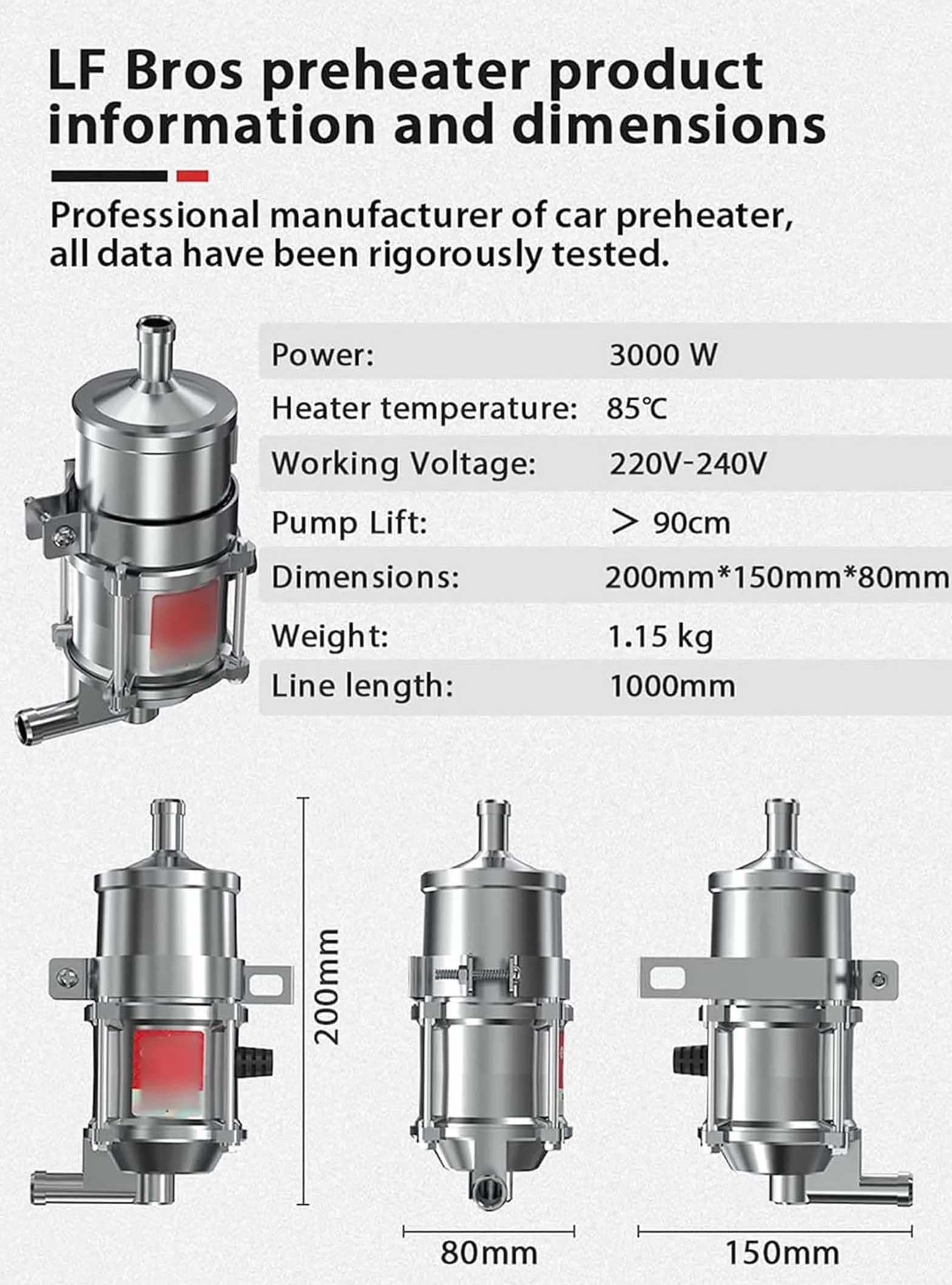 FJAUOQ Preriscaldatore del Motore Riscaldatore del Motore Diesel da 3000 W 220V‑240V 60°C-85°C Preriscaldatore del Riscaldamento del Parcheggio dell'auto,E