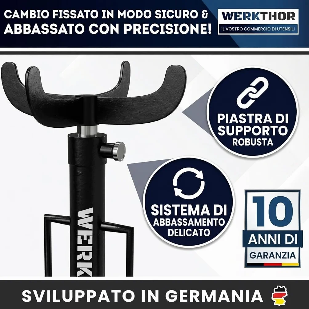 WERKTHOR Sollevatore per ingranaggi 500 kg idraulico regolabile 113-195 cm motore officina arrotolabile 4 ruote pedale nero
