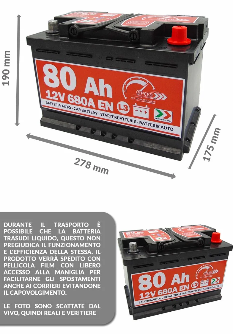 BATTERIA AVVIAMENTO AUTO ORIGINALE SPEED L3 80AH 12V 680A POLO POSITIVO A DESTRA (278x190x175)