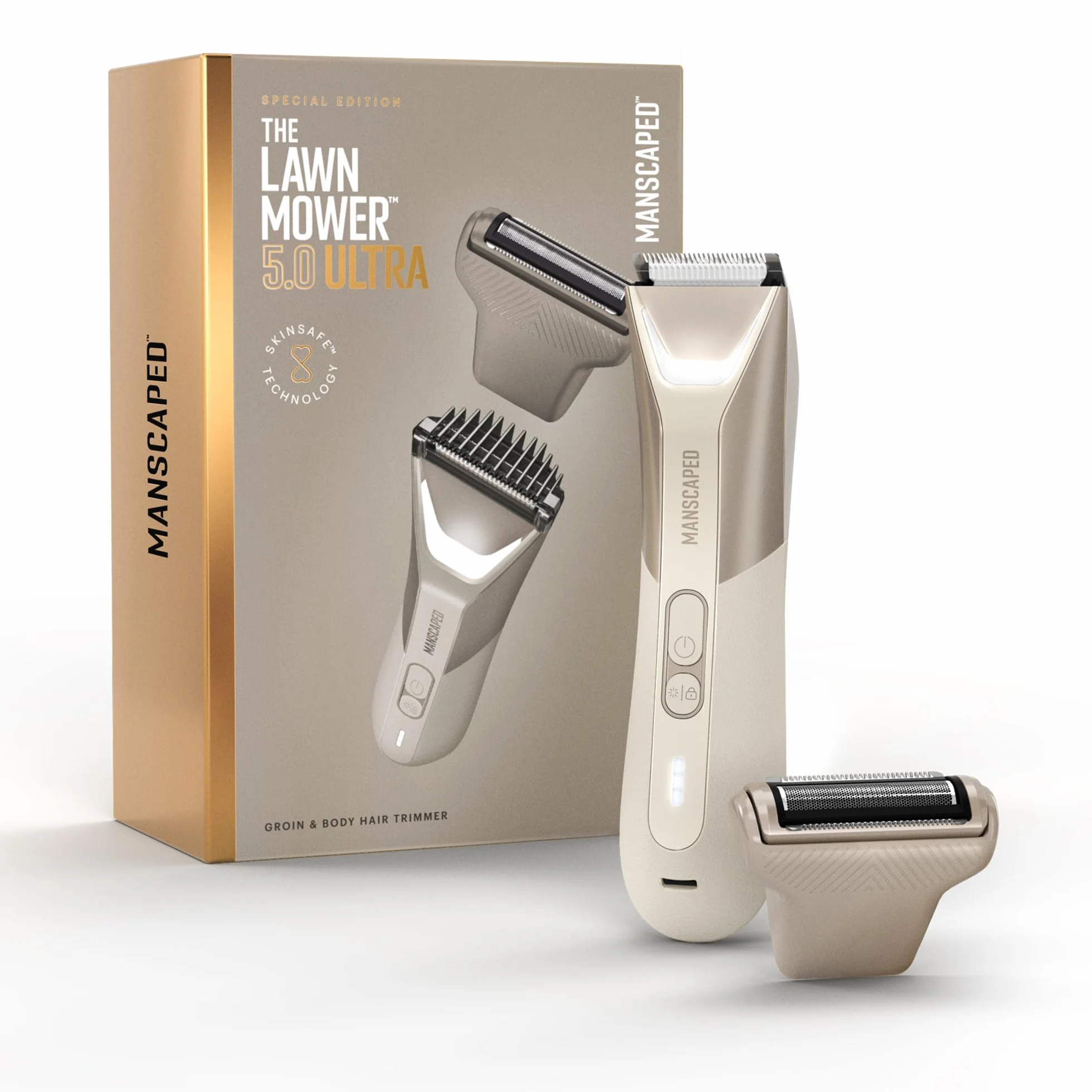 MANSCAPED® The Lawn Mower® 5.0 ULTRA Rifinitore per peli del corpo e inguine SkinSafe® a doppia testa impermeabile ricaricabile USB-C Desert Sand
