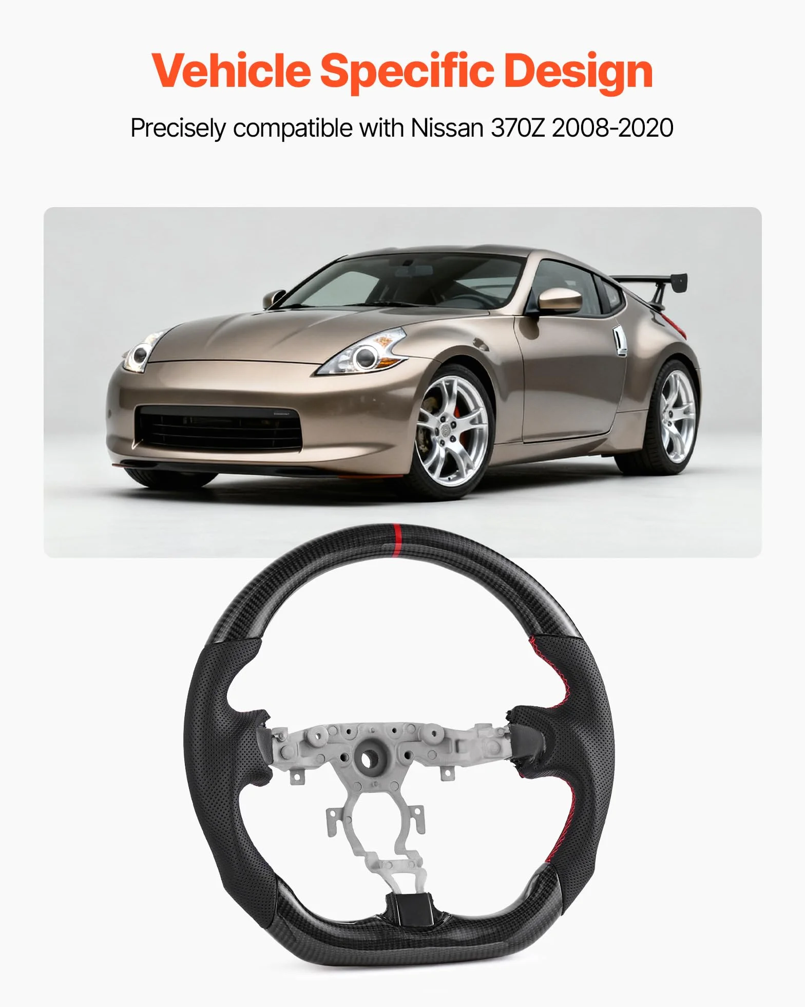 VEVOR Volante per Nissan 370Z 2008-2020, Volante in Fibra di Carbonio a Forma di D con Fondo Piatto, Impugnatura in Pelle con Trama Antiscivolo e Cuciture Precise, Accessori di Ricambio