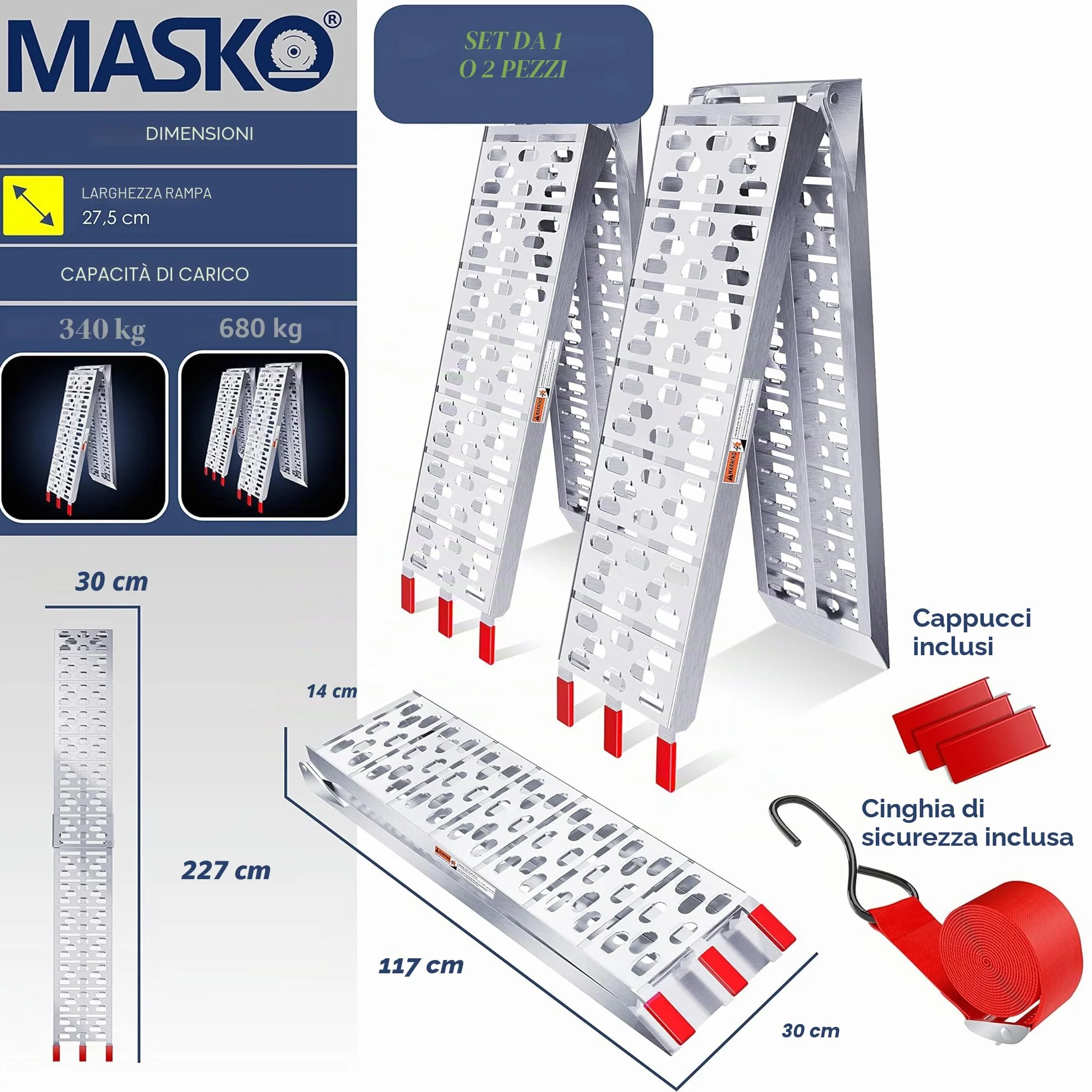 MASKO® Rampa 340kg Rampa di carico ALU pieghevole Rampa di carico Antiscivolo Pieghevole max. 340kg* per pezzo, Rampa di carico moto ATV Quad Car Car