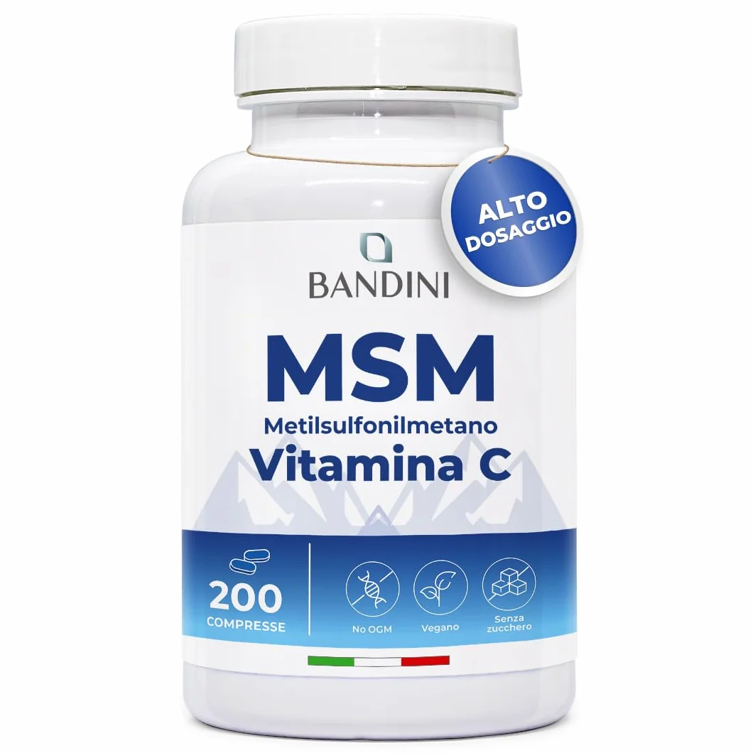 Bandini MSM 2000 mg Metilsulfonilmetano Compresse + Vitamina C Integratore Capelli Pelle Articolazioni Unghie Antinfiammatorio Muscolare Zolfo Vegan