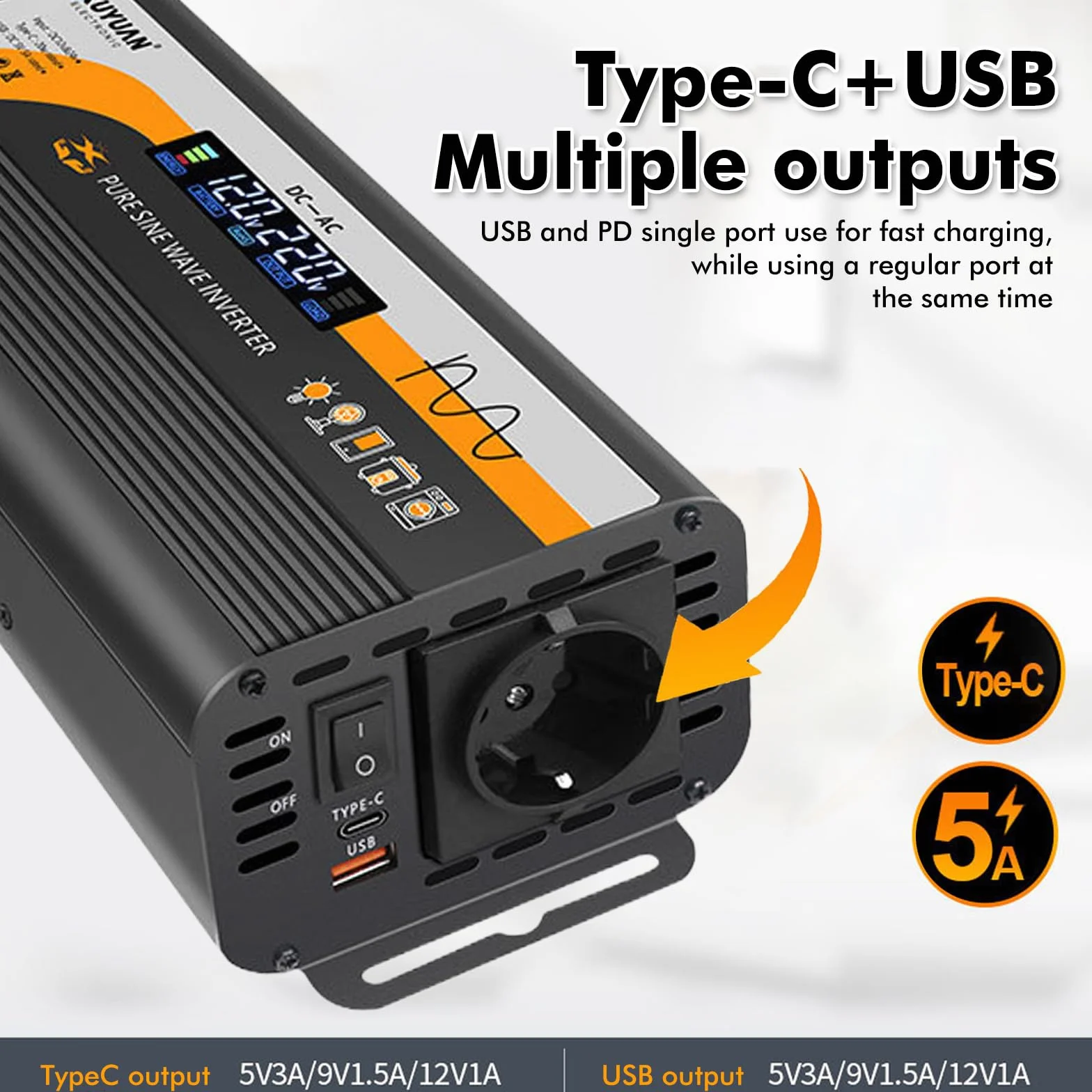 Convertitore di tensione 800W 12V/24V a 220V con presa europea e porta USB LCD