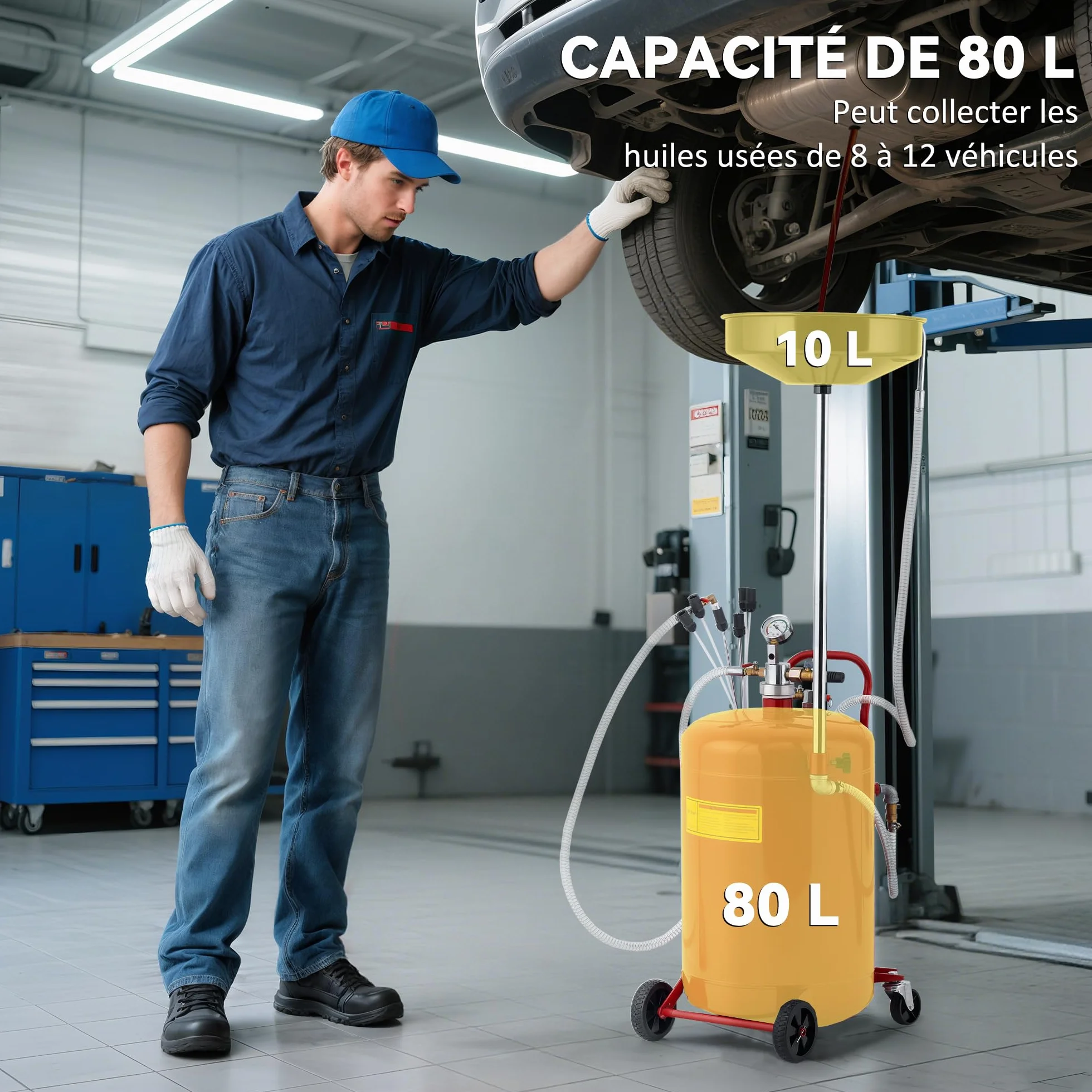 HOMCOM Carrello per svuotamento e recupero di olio usato 80 L, Altezza regolabile 101-141 cm, Carrello portaolio portatile con ruote e maniglia, Rosso