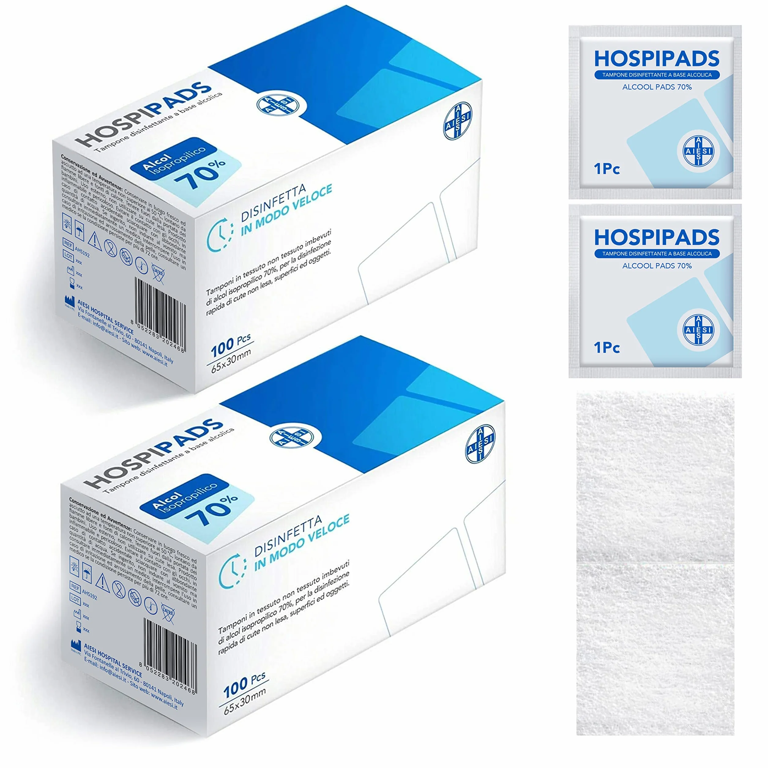 AIESI Tamponi salviette disinfettanti 70% alcool isopropilico 65x30 mm 2x100 pezzi HOSPIPADS