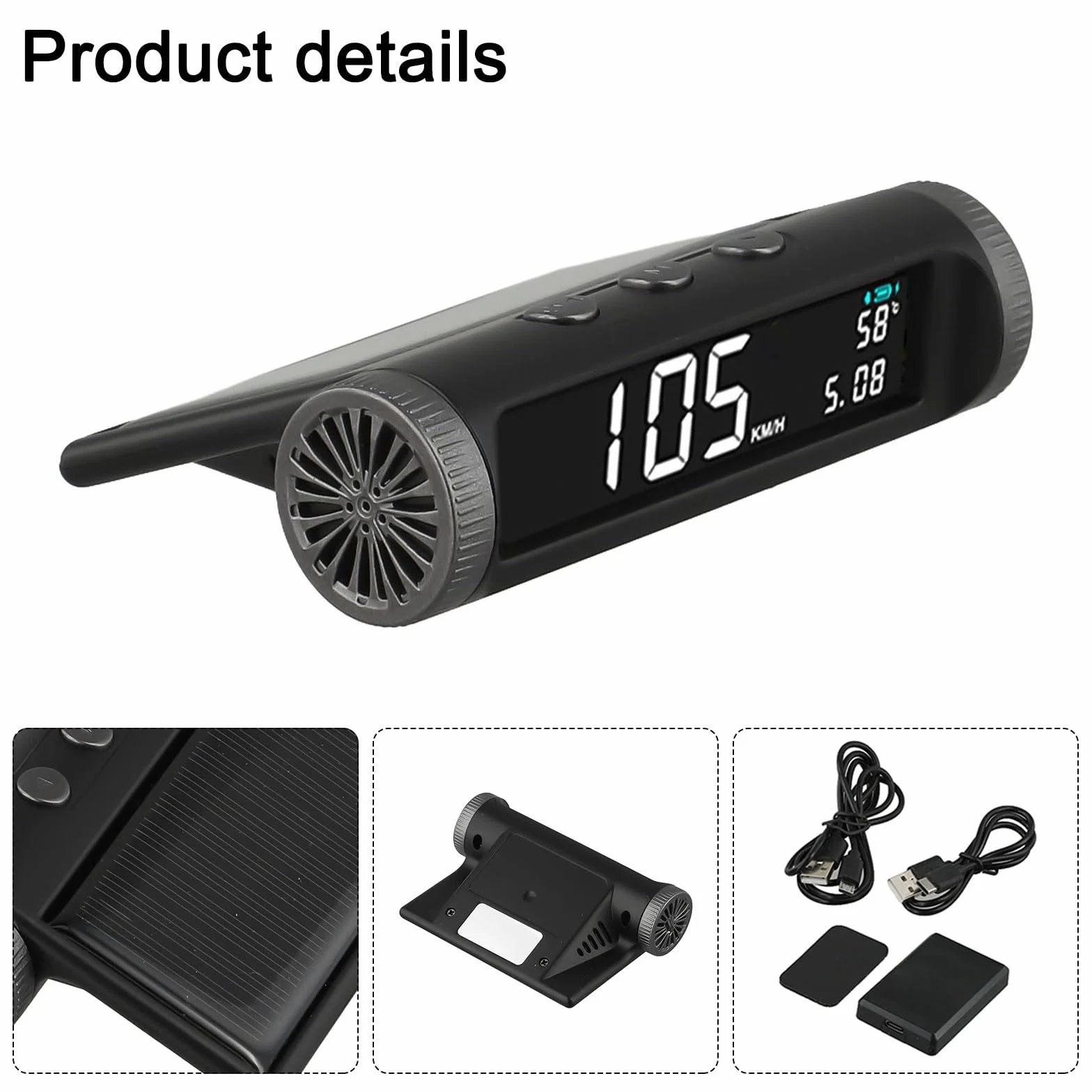 Display HUD Head-Up a energia solare, senza fili, con tachimetro GPS e indicatore di velocità digitale, funzione di temperatura e calendario, batteria da 650 mAh, nero