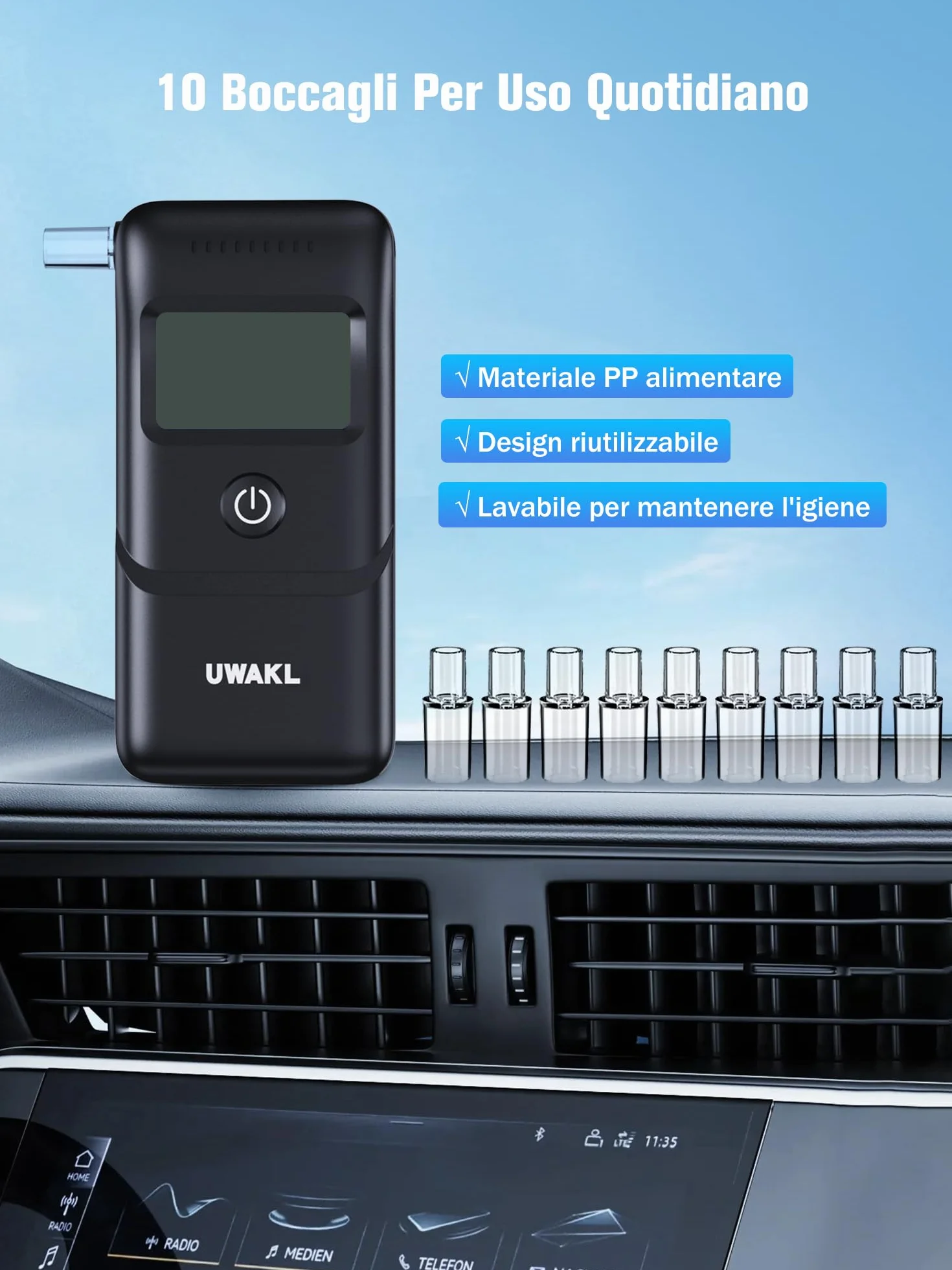 Etilometro Portatile Certificato Alcol Test Professionale con Display LCD Blu Digitale 10 Bocchini