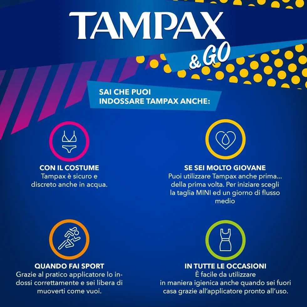 Tampax & Go Super Plus 18 Assorbenti Interni con Applicatore in Plastica, Presa Antiscivolo, Doppio Cordino Protettivo