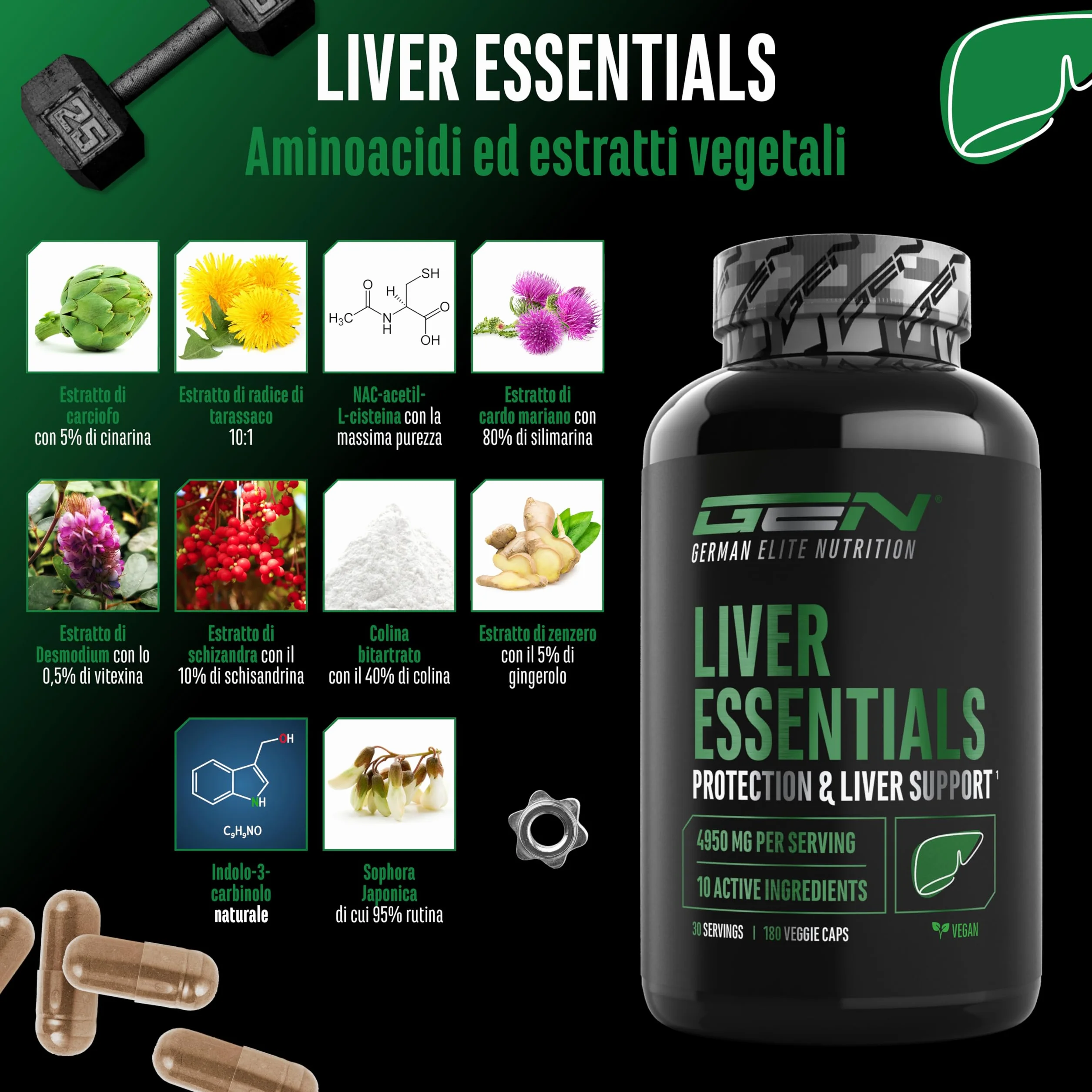 Complesso epatico Liver Essentials 180 capsule cardo mariano colina NAC carciofo tarassaco vegan