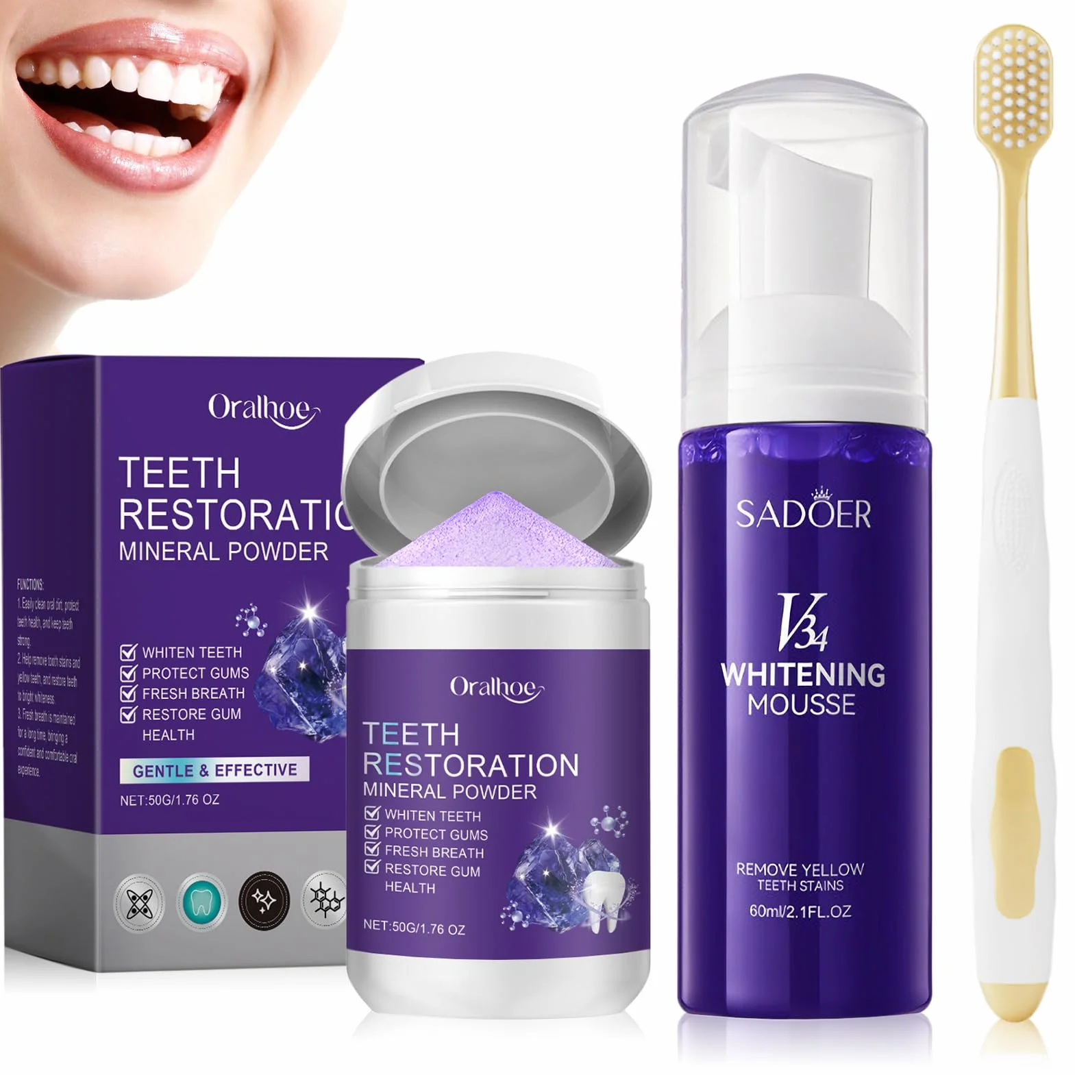Kit Sbiancante Denti: Dentifricio Viola Sbiancante 60ml + Polvere 50g + Spazzolino, Rimozione Macchie Profonde