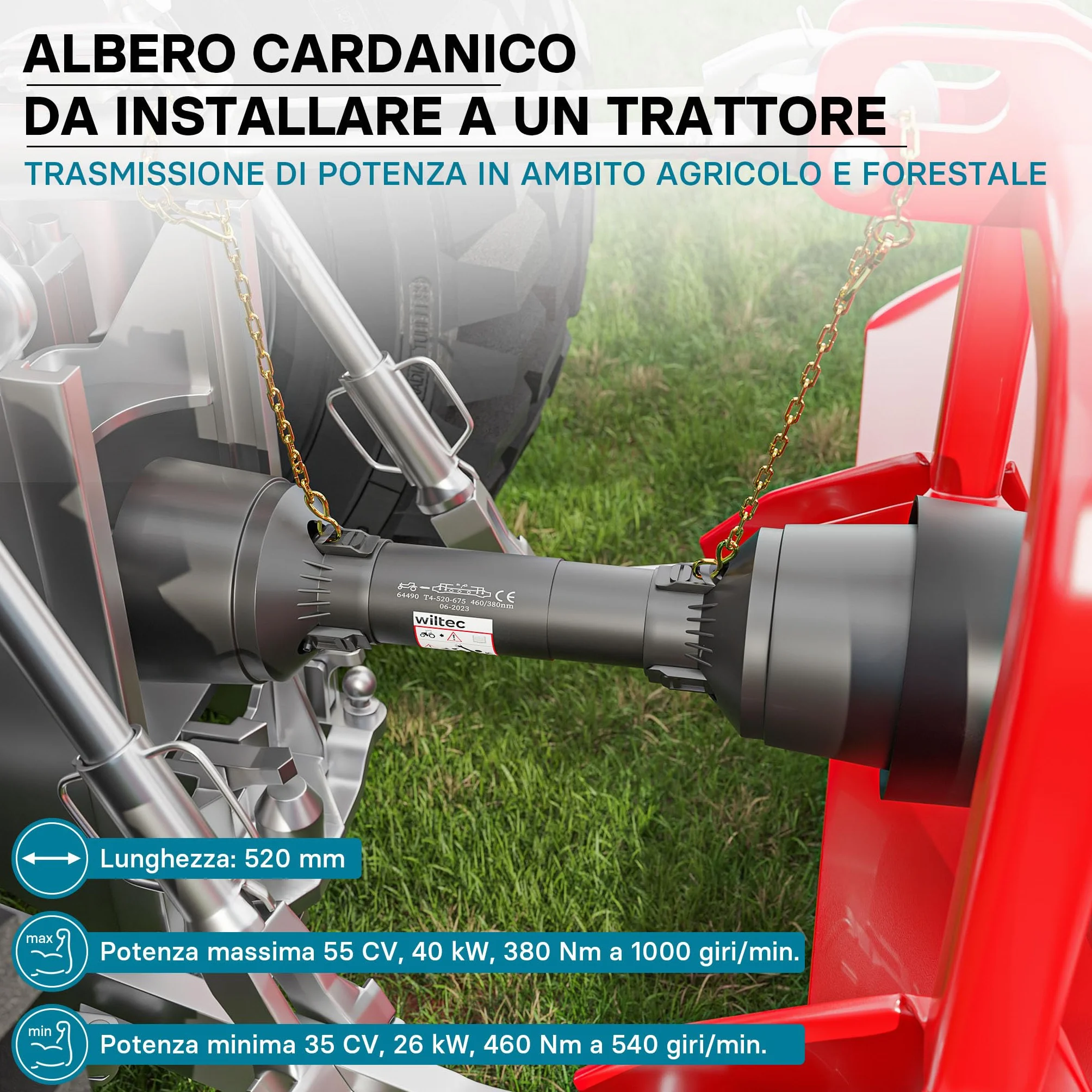 Wiltec Albero cardanico T4 Giunto cardanico 520mm 460Nm 540rpm Cardano 40kW (55CV) 2X 1 3/8" 6 Denti
