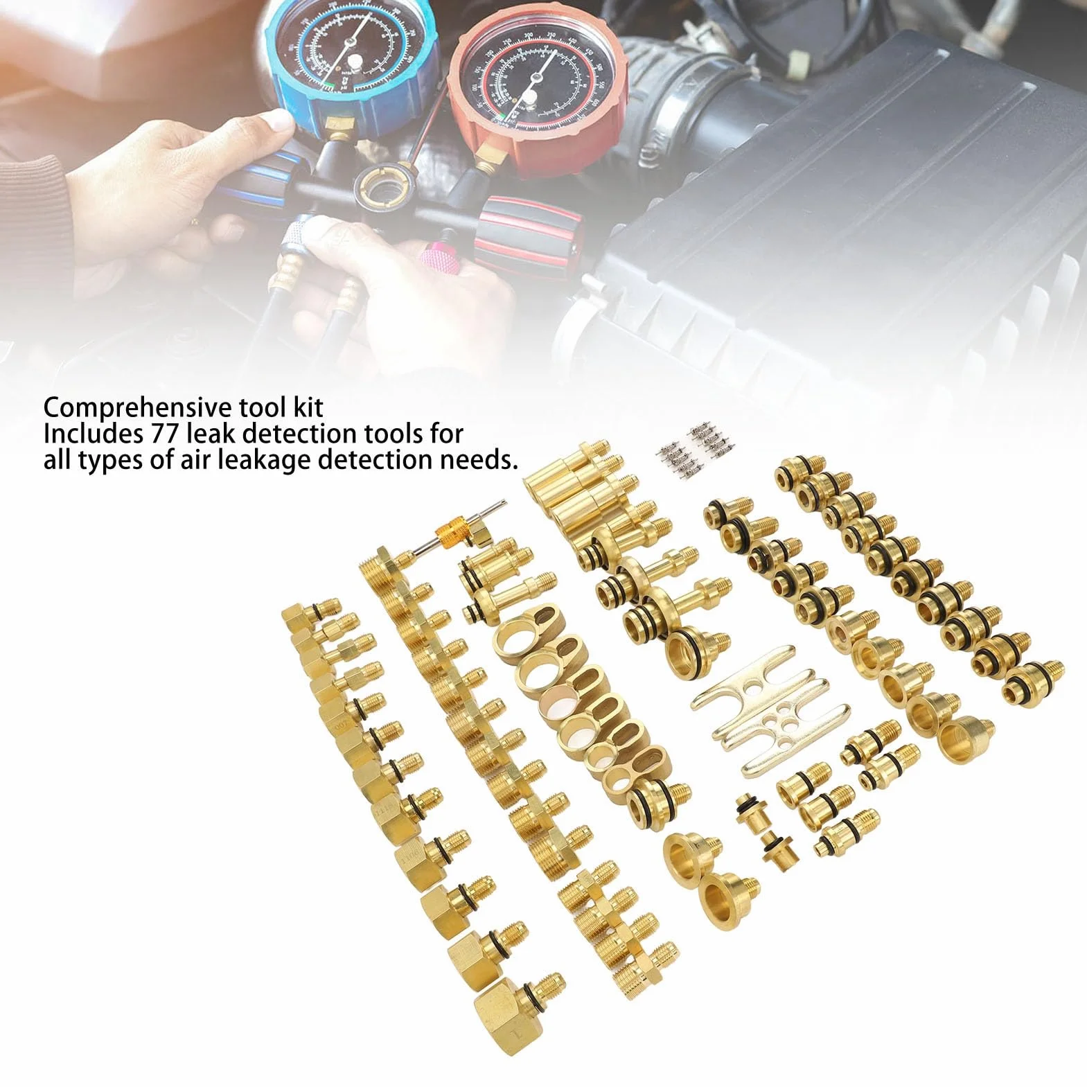 ANGGREK Kit Test Perdite Aria Condizionata Auto 77 Pezzi con Connettori in Ottone, Set Completo per Rilevamento e Riparazione di Perdite A/C per Auto e Camion
