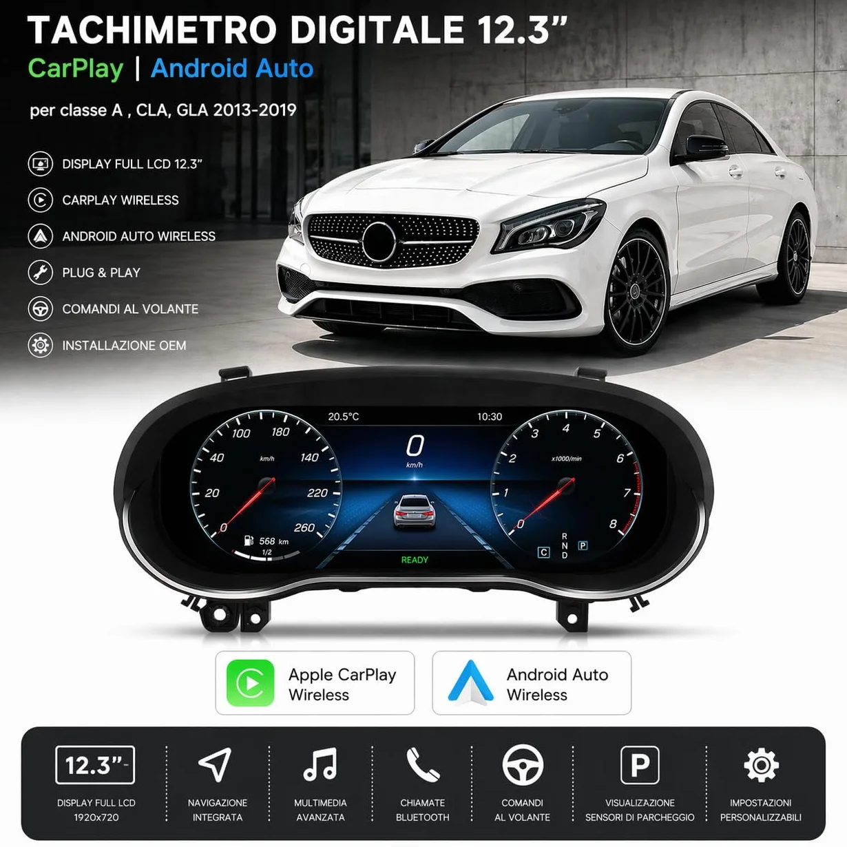 VIBEX Quadro Strumenti Tachimetro Digitale 12.3" per Mercedes Classe A W176 CLA C117 GLA X156 2013-2019 Apple CarPlay Android Auto Wireless Navigazione Plug & Play Installazione OEM