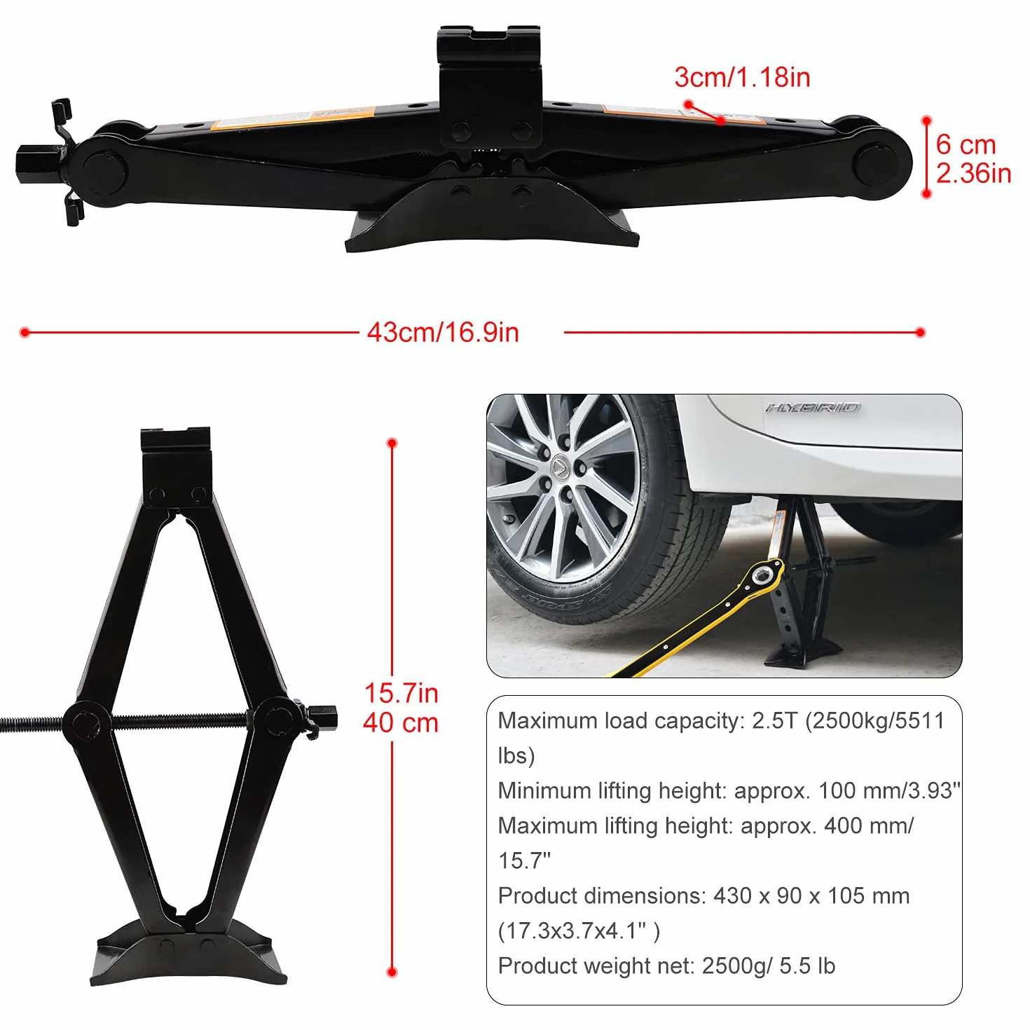 EXLECO Cric Auto 2,5T, Cric a Forbice, Sollevatore Auto a 360°, Testa di Attività con Chiave a Cricchetto, per Auto Familiare Auto, SUV, MPV