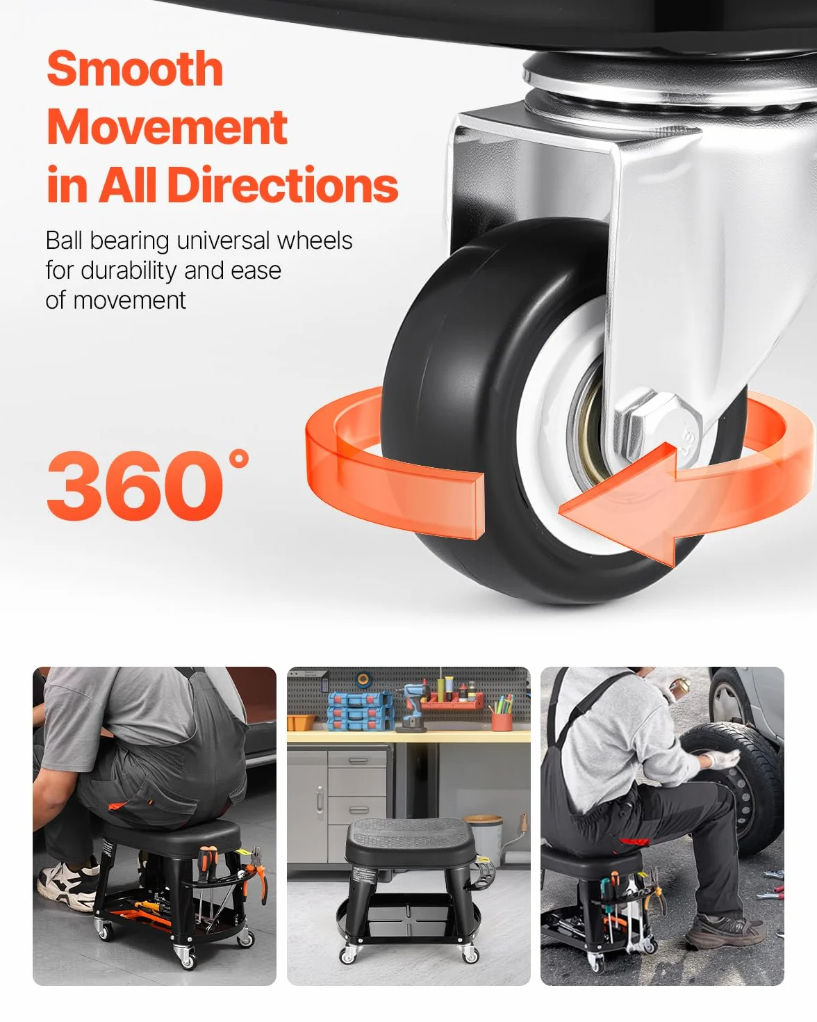 VEVOR Sgabello da Meccanico, Capacità di 136 kg Sgabello da Garage Girevole a 360° con Ruote, Vassoio Portautensili e Portacacciavite, Resistente, per Garage, Officina e Riparazione Auto, Nero