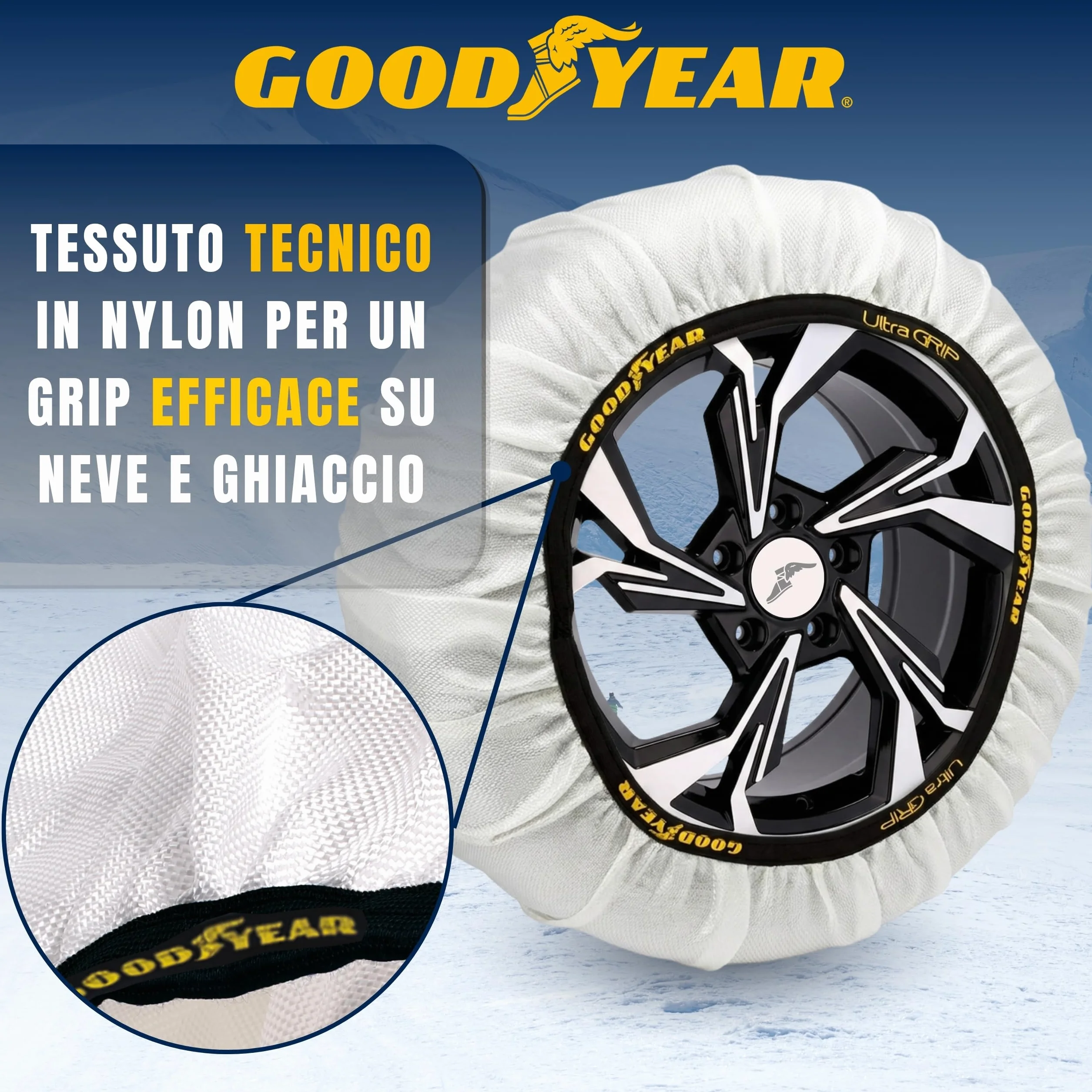 Goodyear Set di 2 Catene da Neve in Tessuto per Auto Goodyear Ultra GRIP TAGLIA XL, Specifico per il Funzionamento del Veicolo, Tessile, Bianco, per R14 - R21 (Misure Dettgliate All’interno)