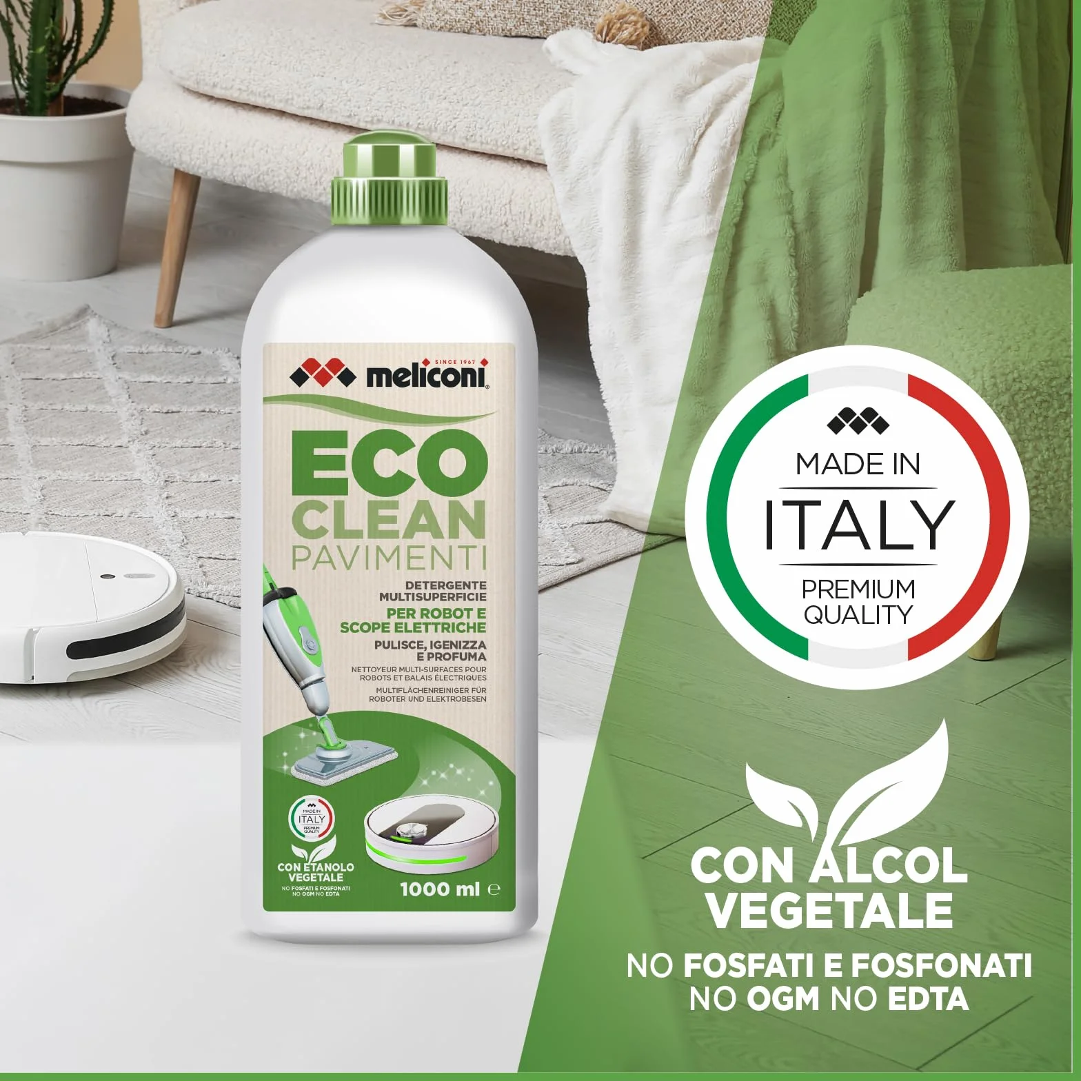 Meliconi ECOCLEAN Detergente Pavimenti per Scope Elettriche e Robot Lavapavimenti Naturale Universale Legno Piastrelle Laminati