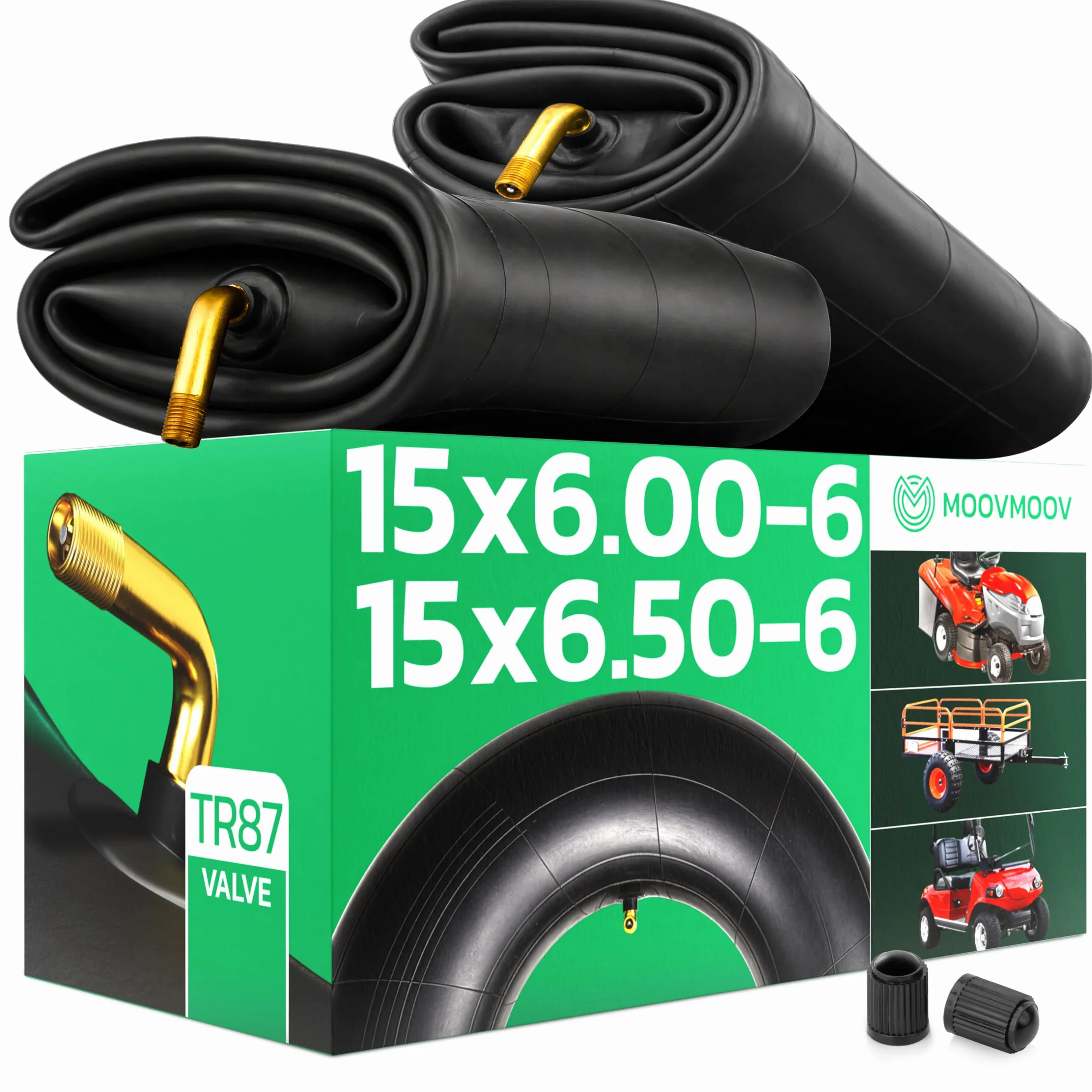 MoovMoov Camere d’Aria 15 pollici per pneumatici 15x6.00-6 e 15x6.50-6 - Per Rasaerba Autoportante, Trattorino Tagliaerba, Golf Cart, Rimorchio da Giardino - Valvola angolata - Set da 2
