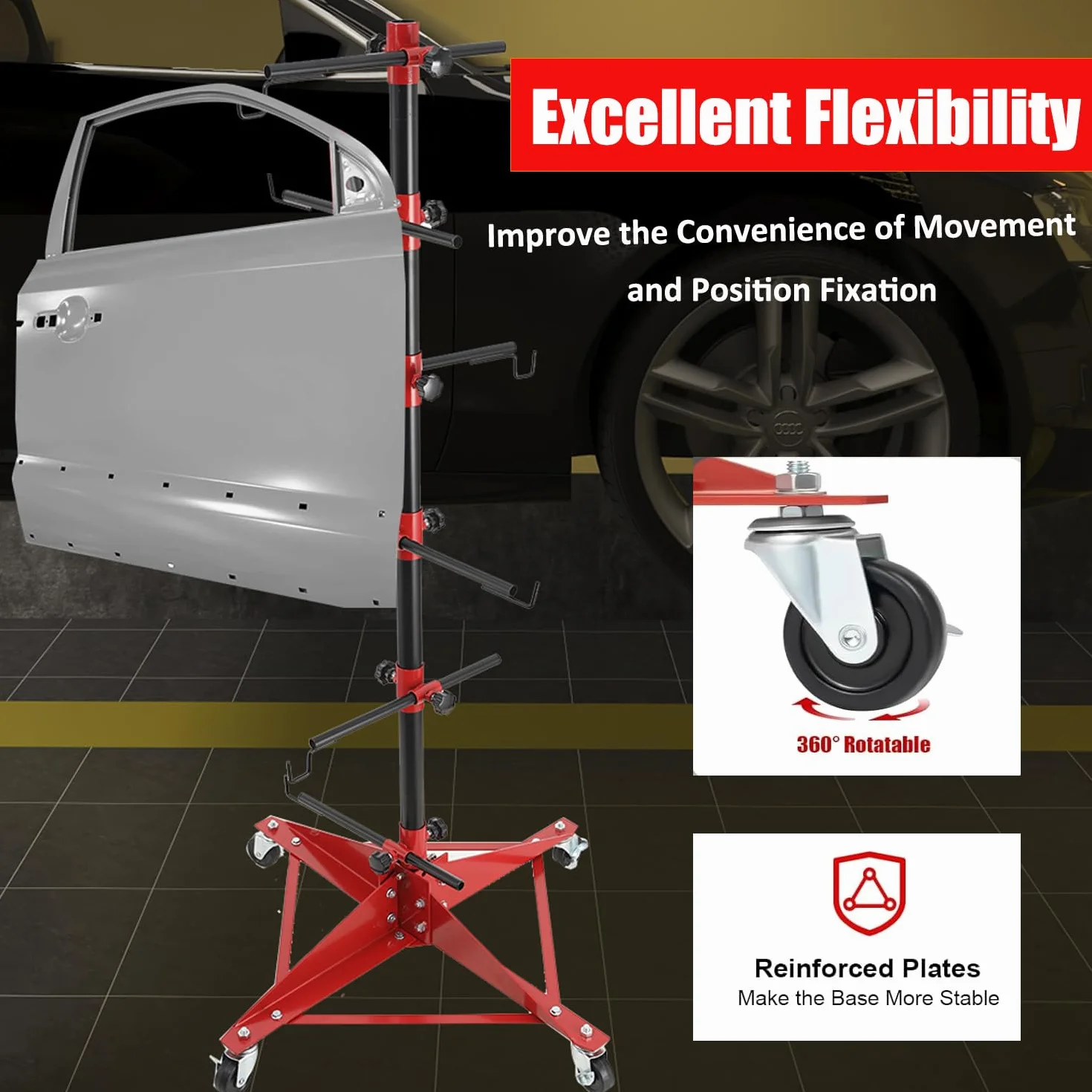 Pannello Albero Vernice Stand con 6 Bracci, Supporto Rotante per Verniciatura con 360° Ruote, Cavalletto per Verniciatura per Parafanghi, Porte, Paraurti Altezza 120cm