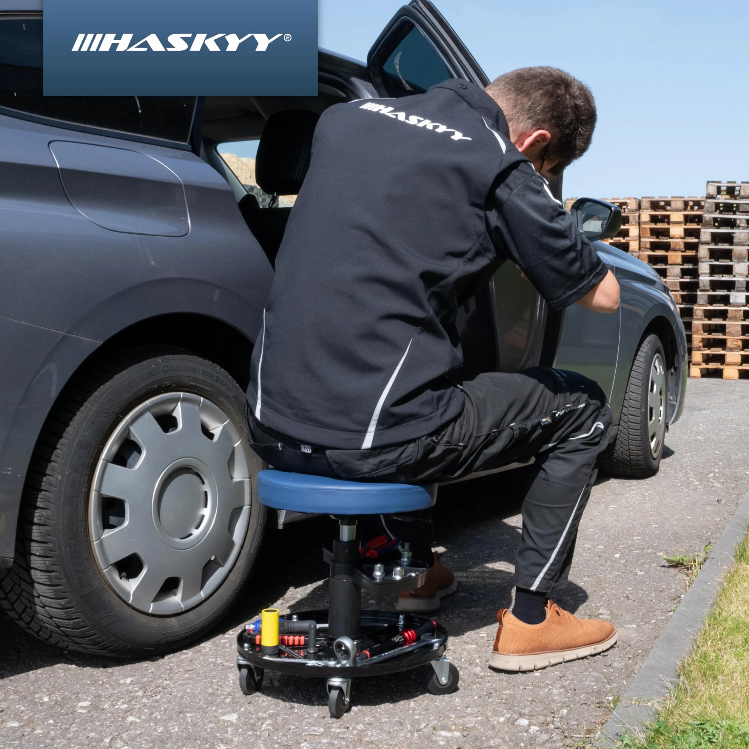 HASKYY Sgabello da officina BLU 5 ruote 2 ripiani altezza regolabile 410-540mm