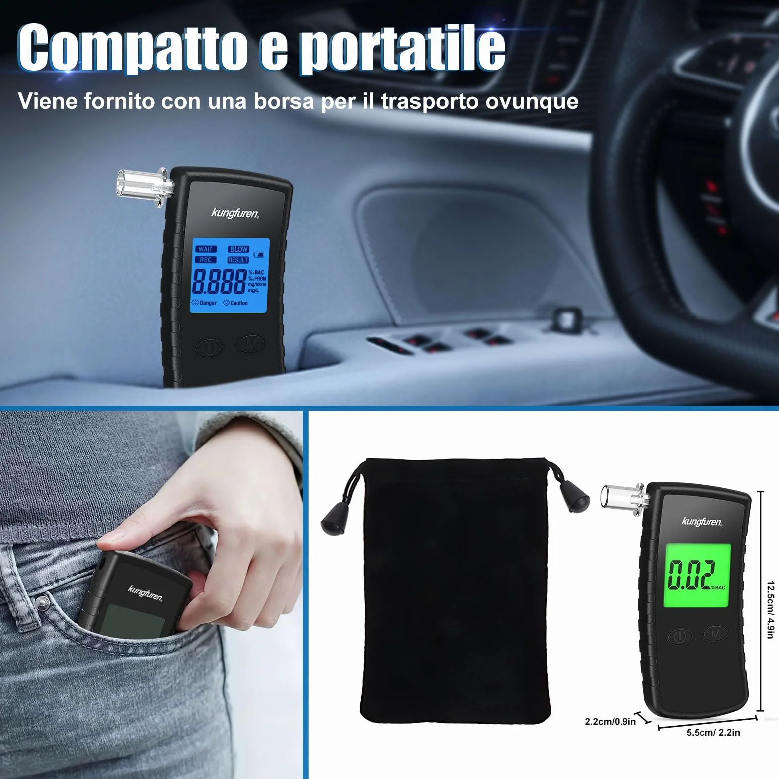 Alcol Test Etilometro Portatile Certificato Digitale Professionale con Display LCD Blu - Tester di Alcool Precisione Grado 11 Bocchini