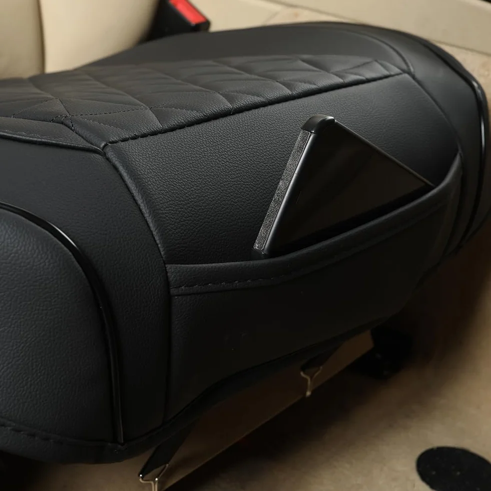 Cuscino Coprisedile Anteriore Auto Black Panther Ecopelle Design Trapuntato Base Antiscivolo Tasca Portaoggetti Universale Nero 1 Pezzo
