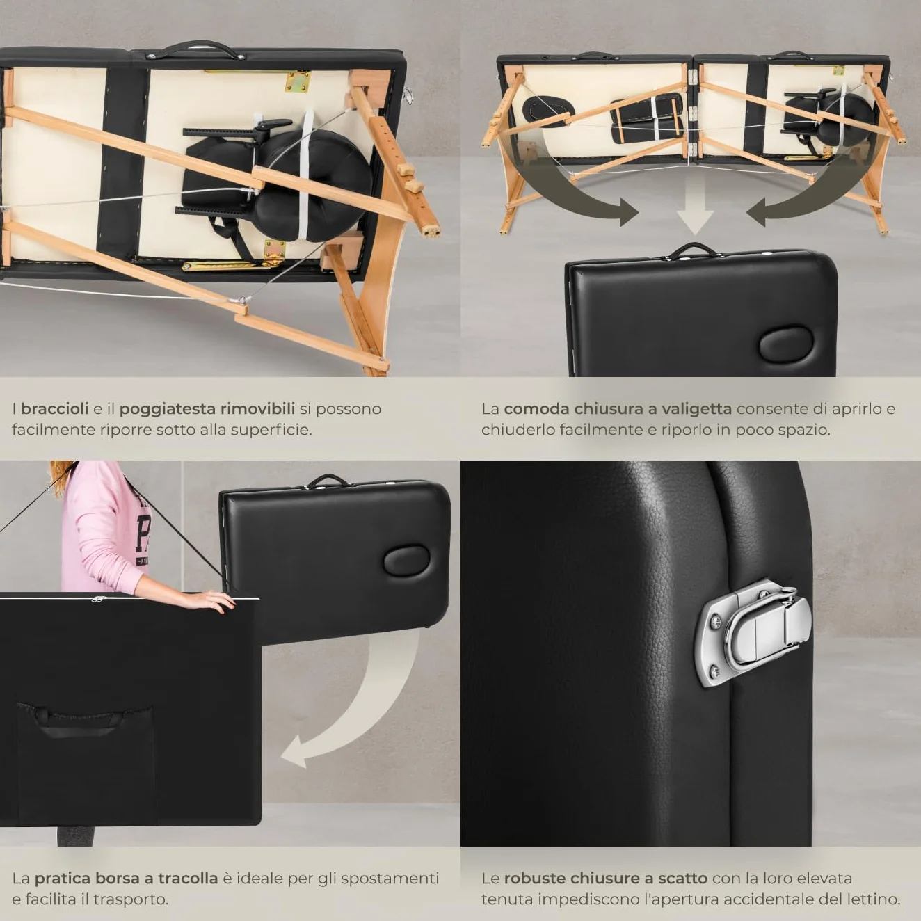 Lettino Massaggio 3 zone Pieghevole Portatile Rivestimento Vinile Idrorepellente Nero