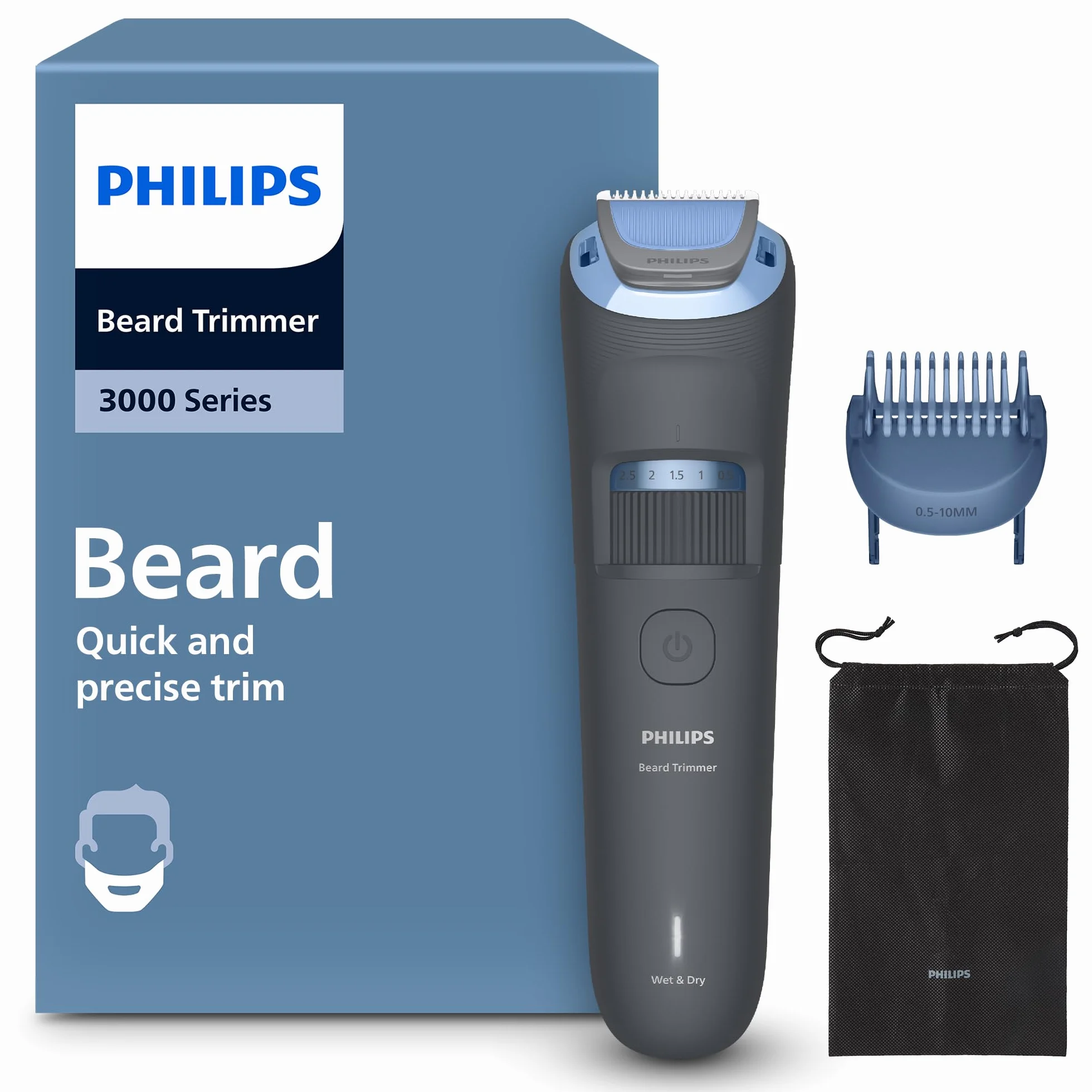 Philips Serie 3000 Regolabarba BT3619/15, lame autoaffilanti, 20 impostazioni lunghezza, impermeabile, ricarica USB