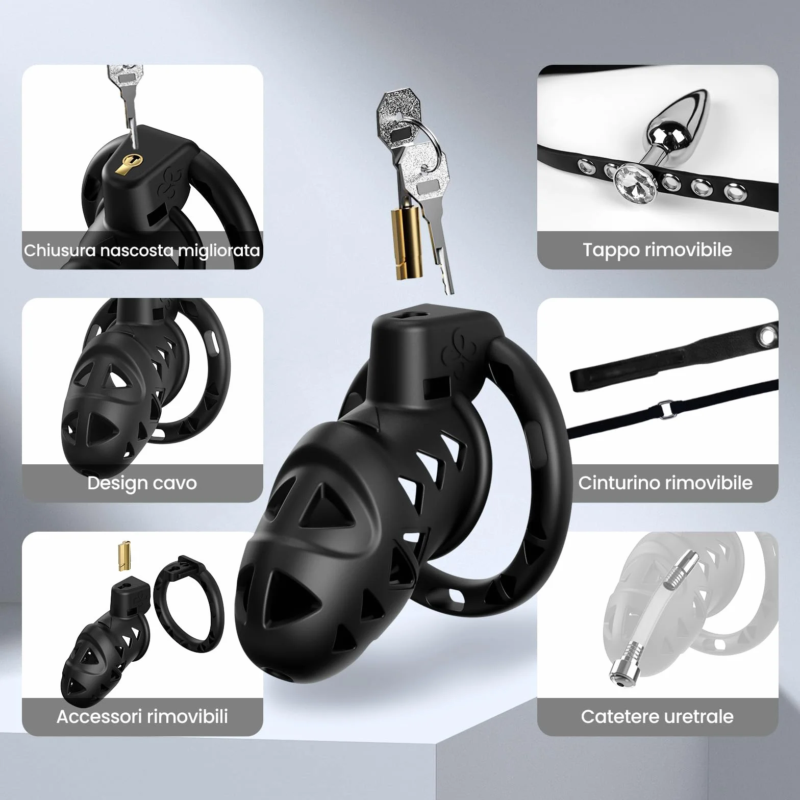 Ohi BoBi Sun BDSM Cock Cage Extreme Erotic Sex Gabbia per pene con plug anale e 3 anelli
