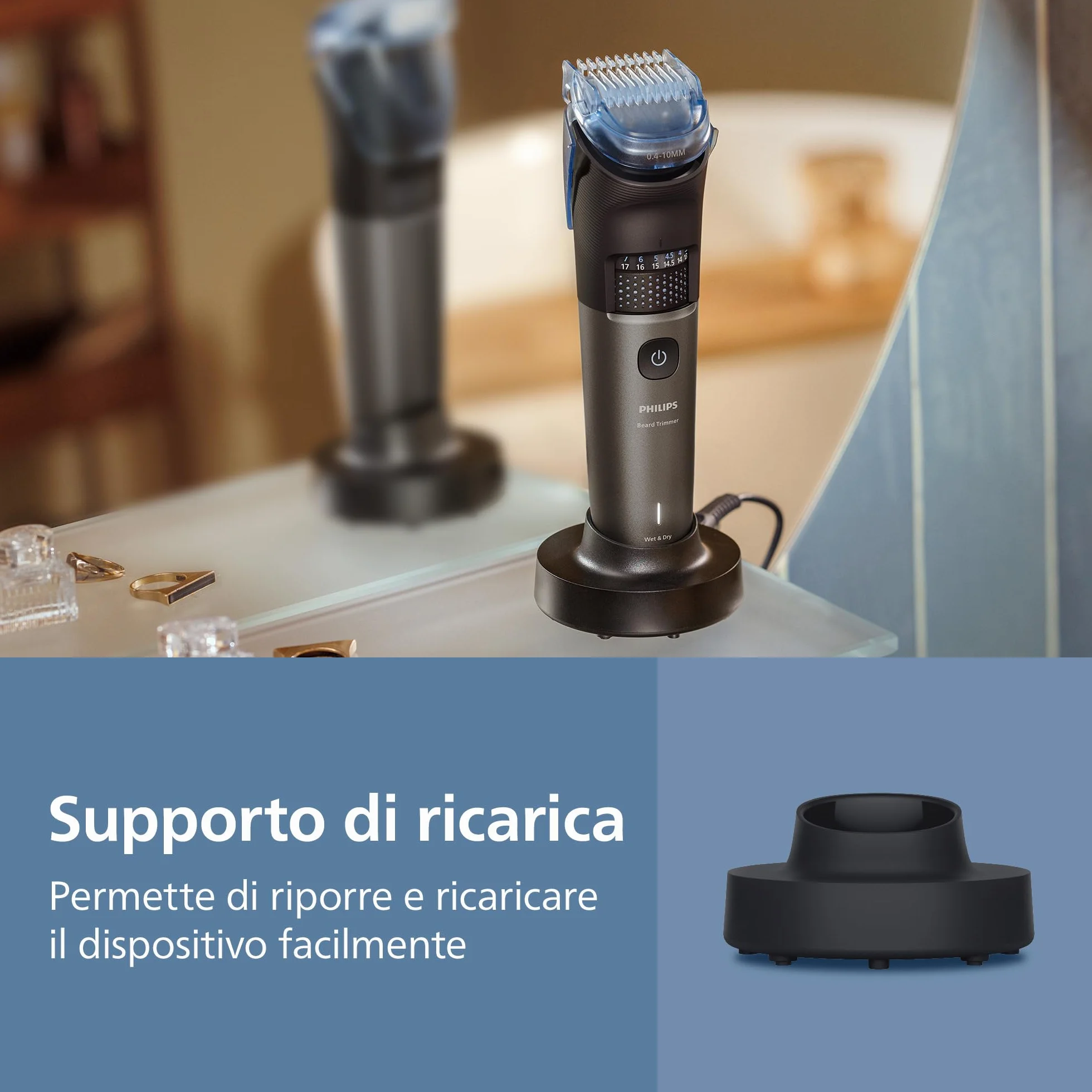 Philips Serie 7000 Regolabarba BT7660/15 Lame Metallo Autoaffilanti 40 Impostazioni Lunghezza BeardSense Impermeabile