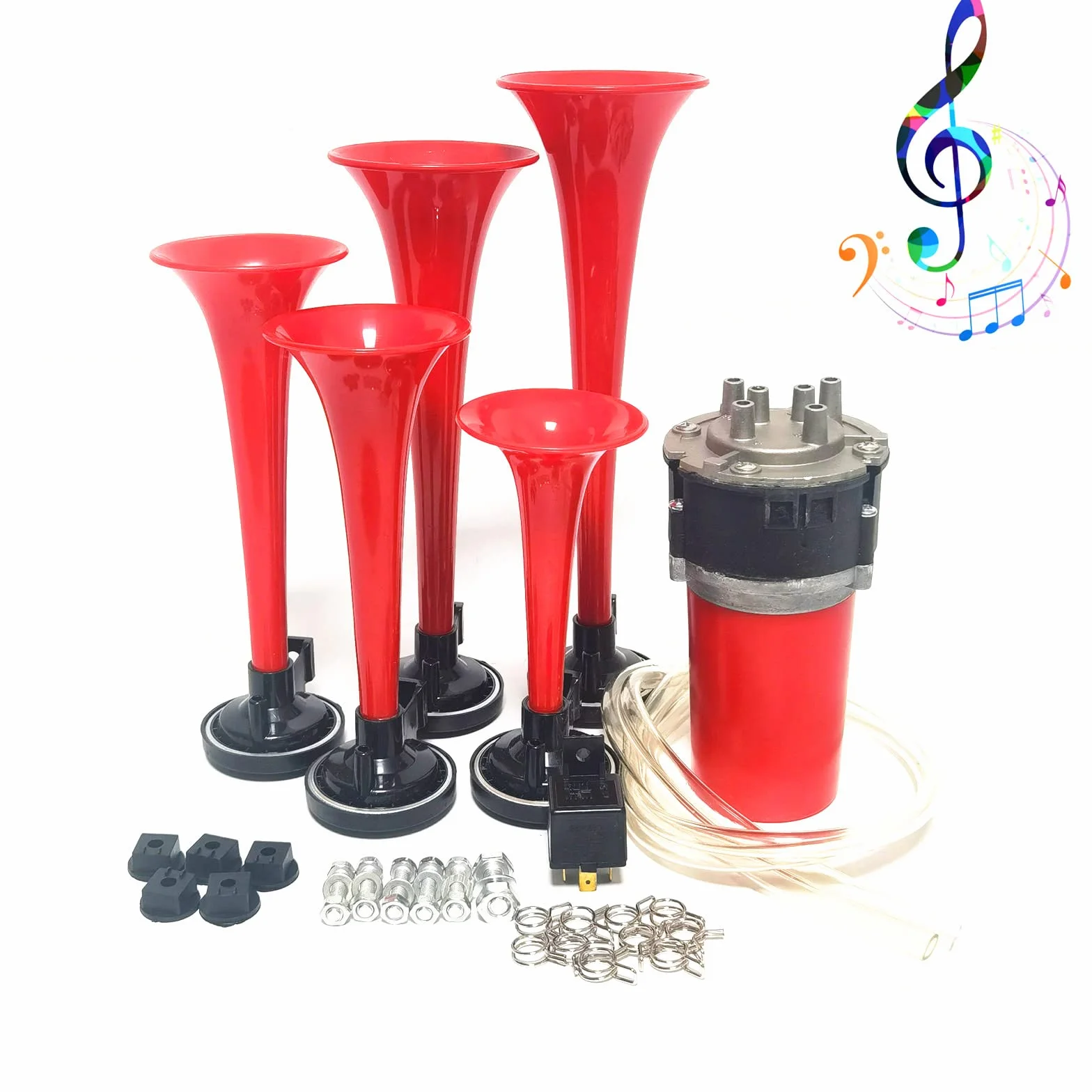 Clacson per auto Clacson Car Horn 12V Clacson per nave Tromba a cinque tubi Dixie 160db Tromba d'aria rossa Tromba per camion con altoparlante della pompa dell'aria per 12V auto camion SUV ecc