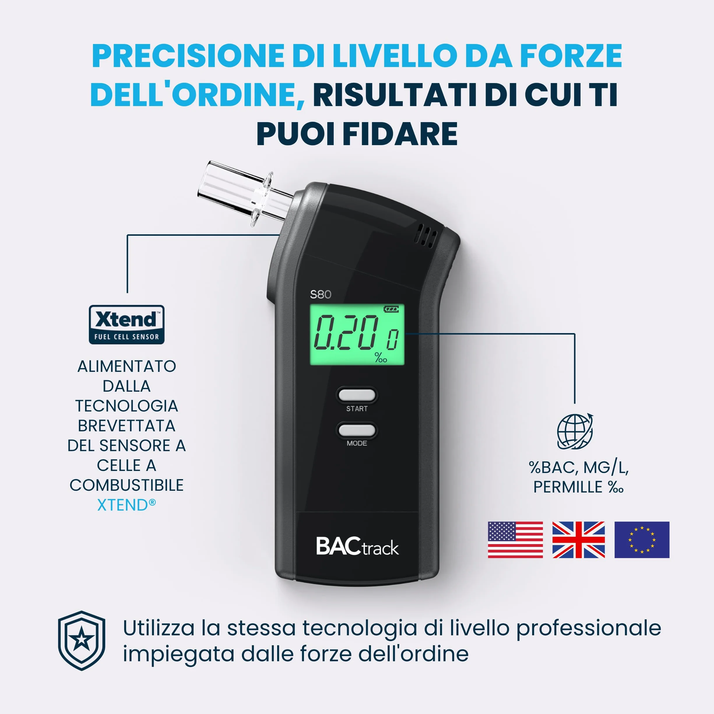 BACtrack Etilometro S80, Precisione di Livello Professionale, Approvato DOT & NHTSA, Approvato FDA 510(k), Etilometro Portatile per uso Personale e Professionale