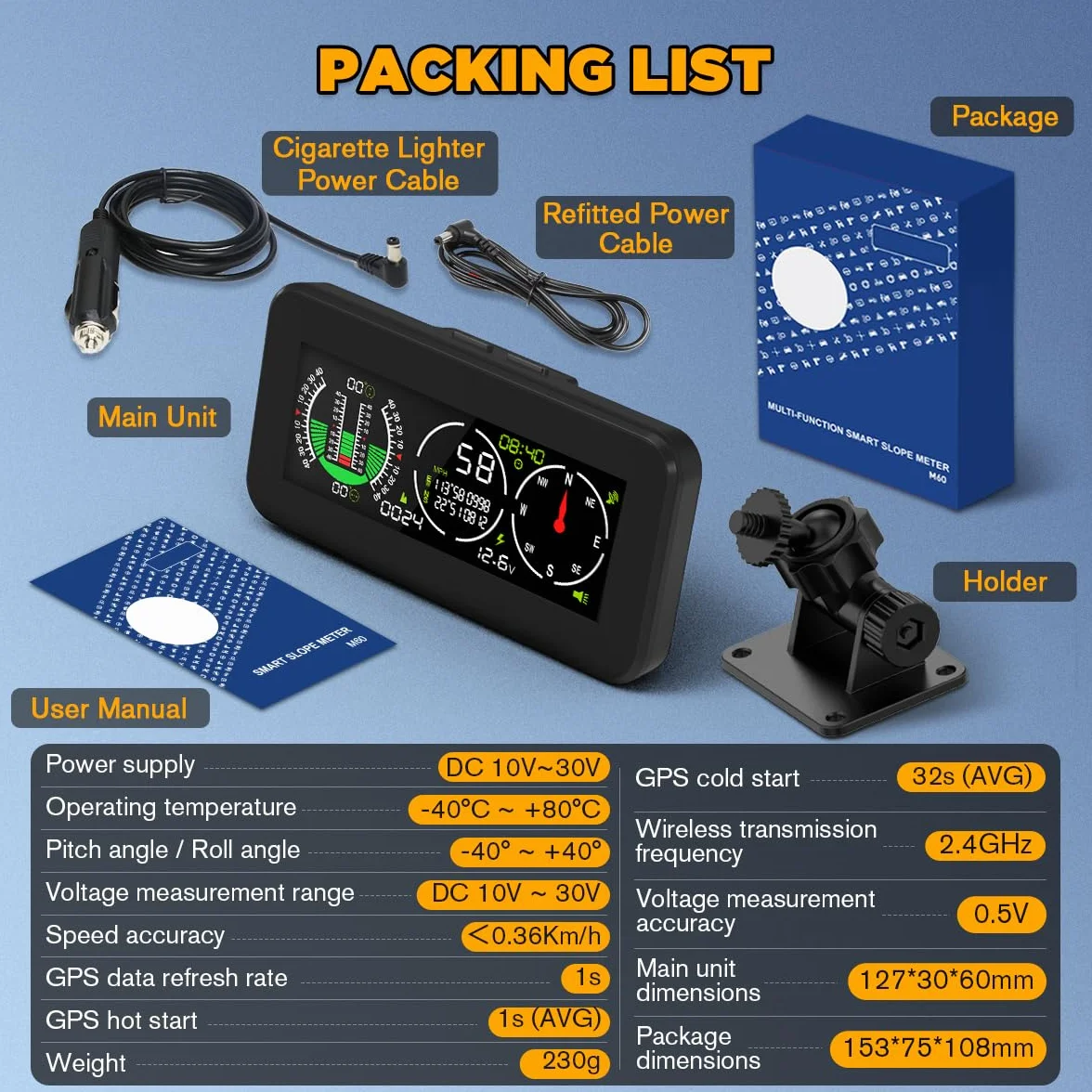 Auto Inclinometro Digitale GPS HUD Pitch Angle Slope Meter MPH Speedometer con Bussola per Veicoli Fuoristrada SUV