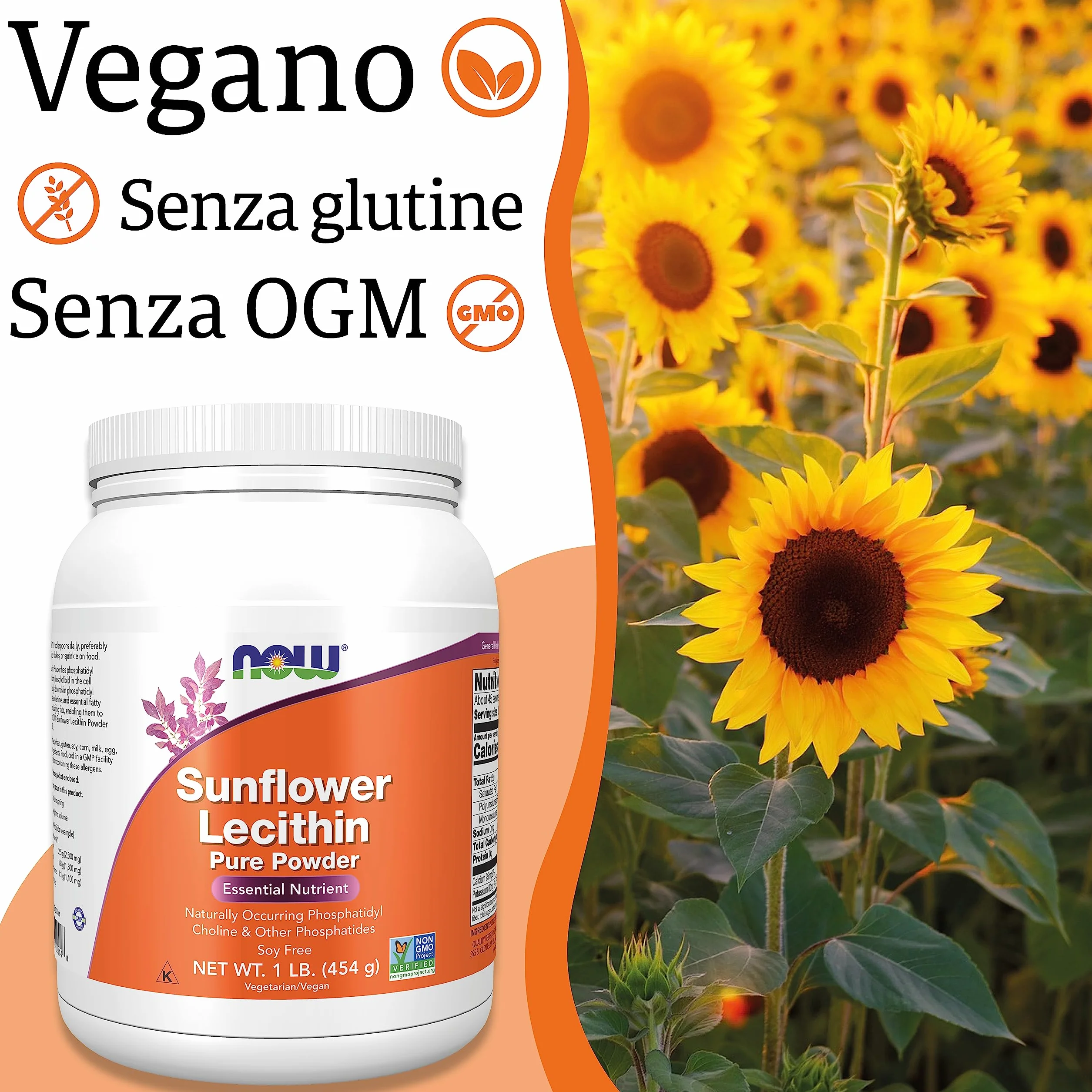 Now Foods Sunflower Lecithin Pura Polvere Vegana 454 g Senza Glutine Senza Soia