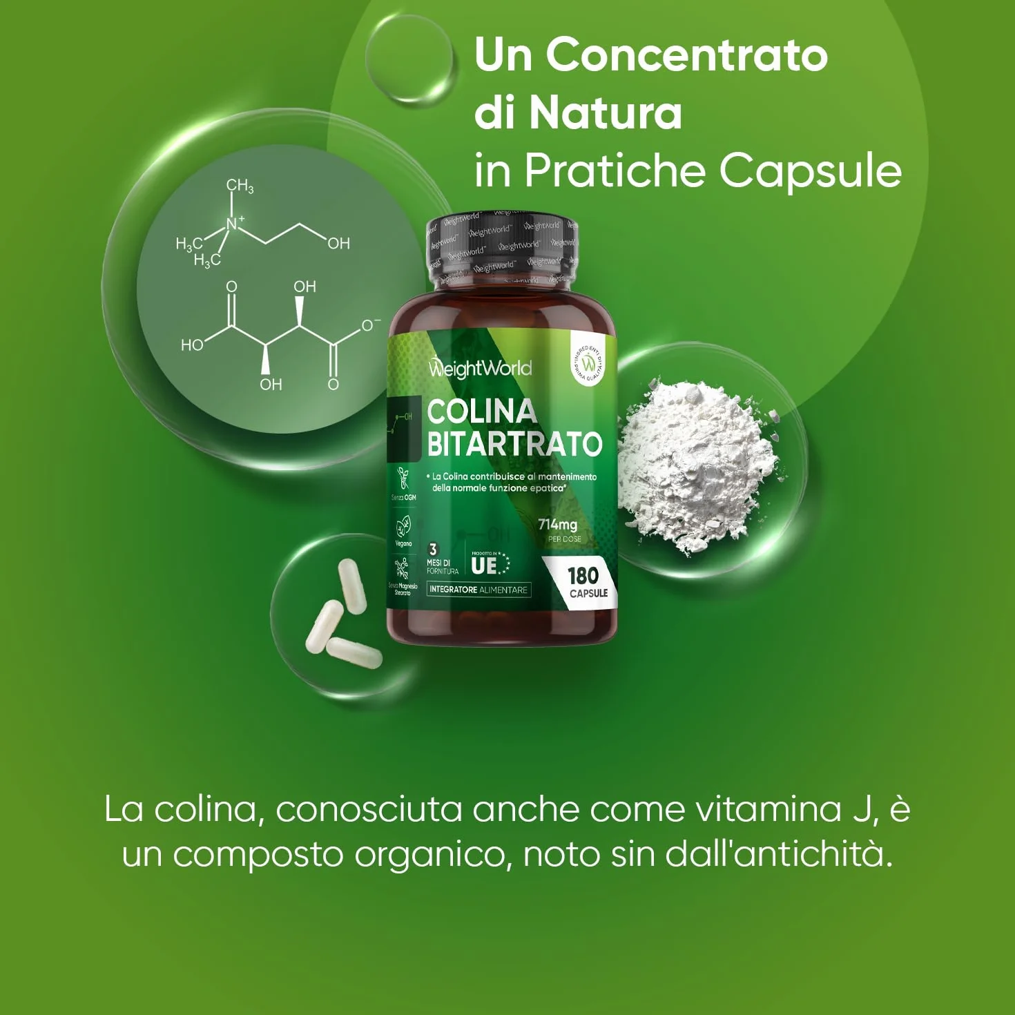 Colina Integratore Vegano 714mg 180 Capsule Funzione Epatica Senza Magnesio Stearato Prodotto Europa
