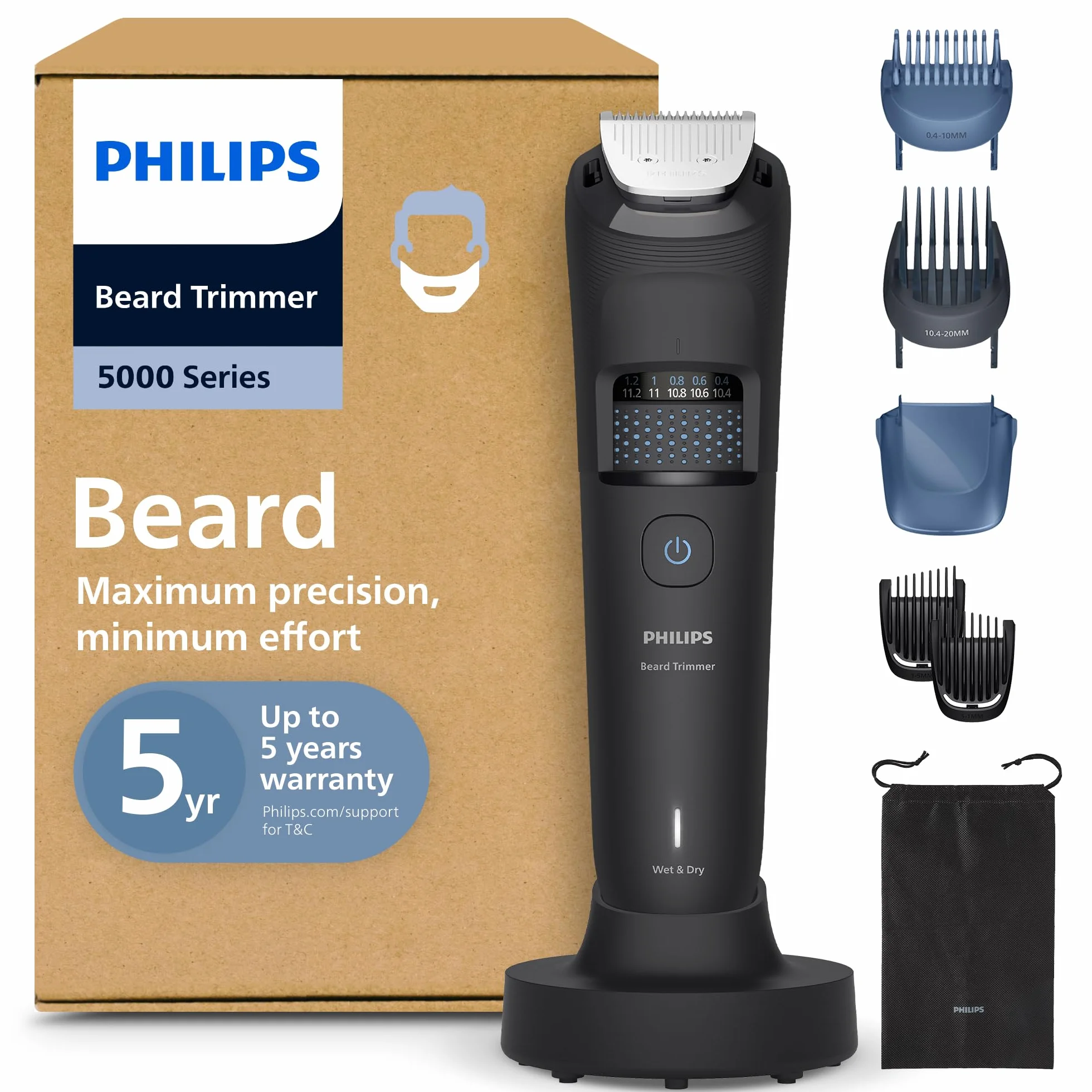Philips Serie 5000 Regolabarba BT5785/30 - Lame in metallo autoaffilanti, 40 impostazioni lunghezza, BeardSense, impermeabile