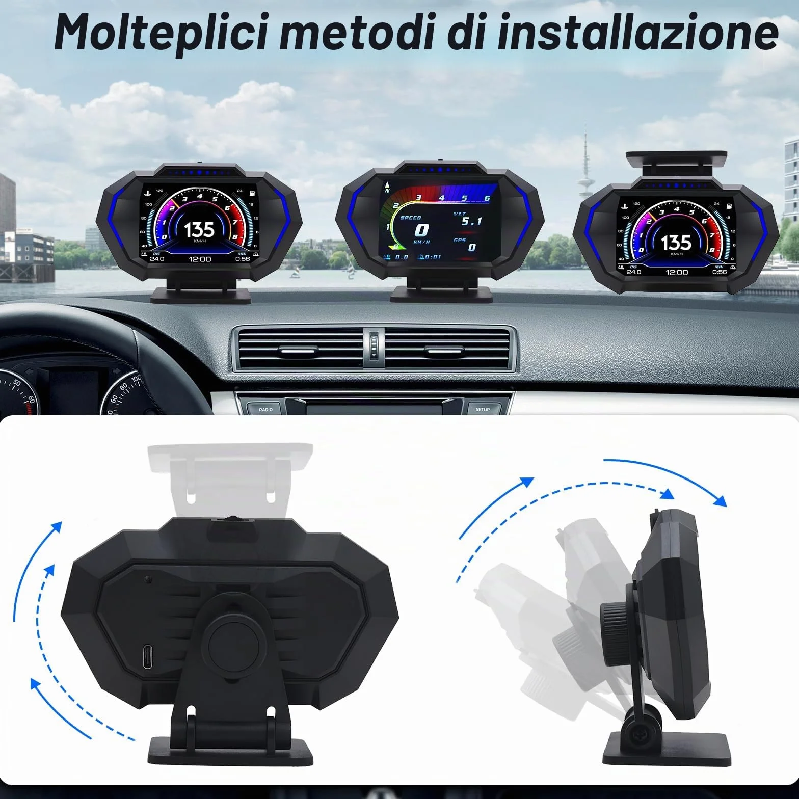KAOLALI Auto Head up Display OBD2+GPS HUD Tachimetro Digitale Universale con Supporto a Ventosa, Tachimetro Intelligente con Avviso di Velocità, Promemoria Fatica, KMH/MPH per Tutte le Auto