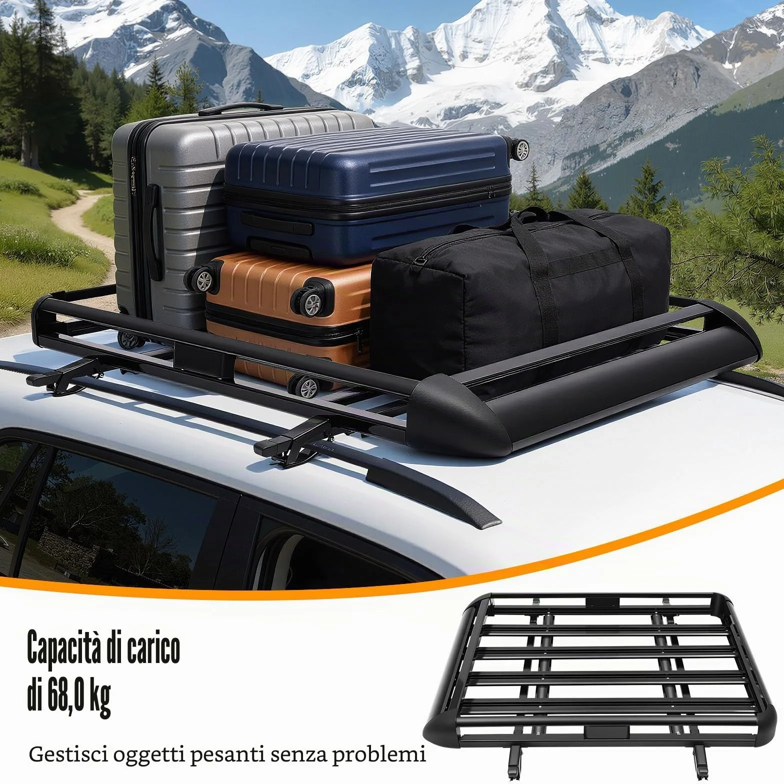 Portapacchi universale da tetto per auto, 127 x 97 cm, con una portata massima di 68 kg, adatto per tutti i tipi di SUV tutti i modelli