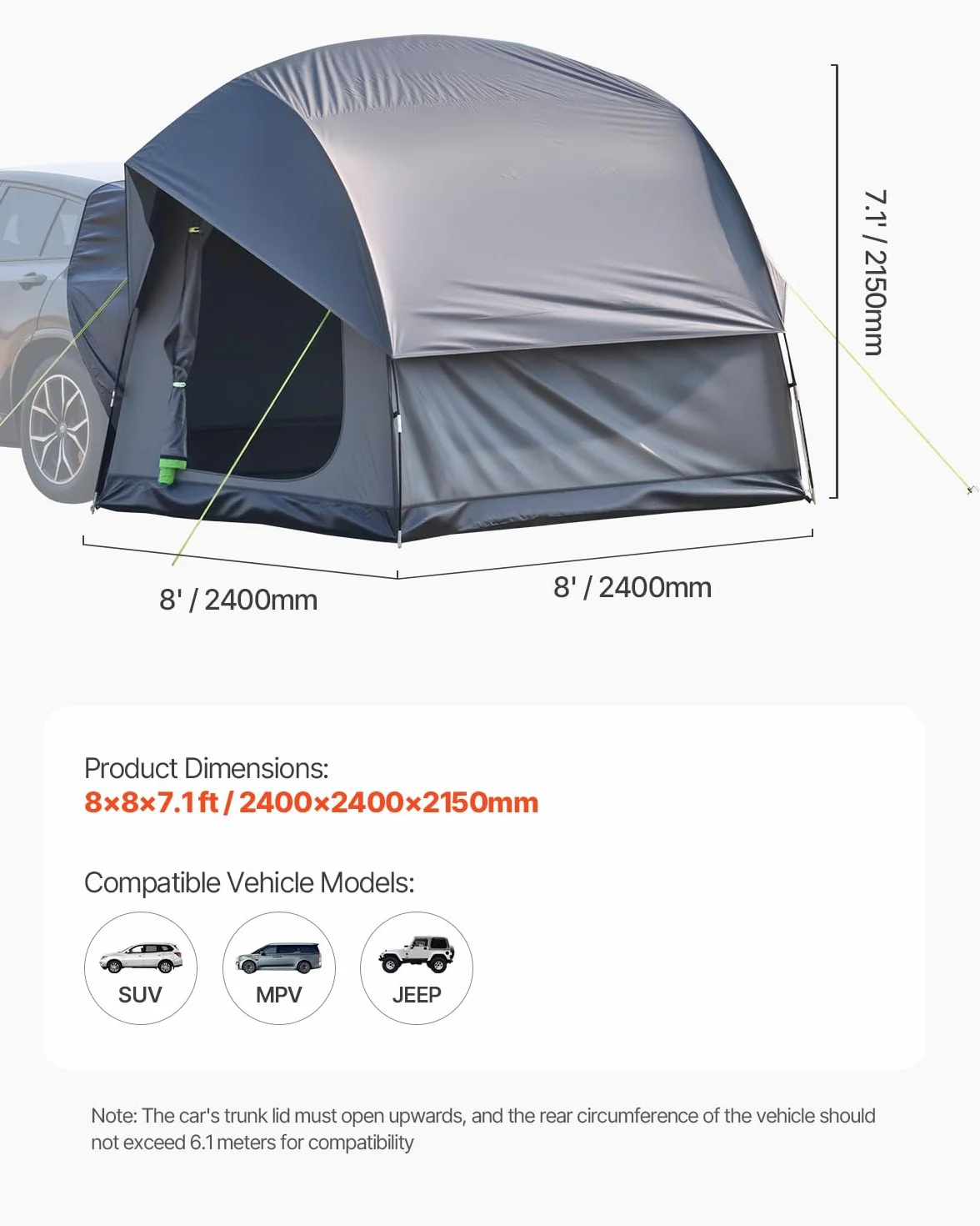 VEVOR Tenda da Campeggio per Auto SUV 240 x 240 x 215 cm Impermeabile PU2000 Design a Doppio Strato 5-8 Persone