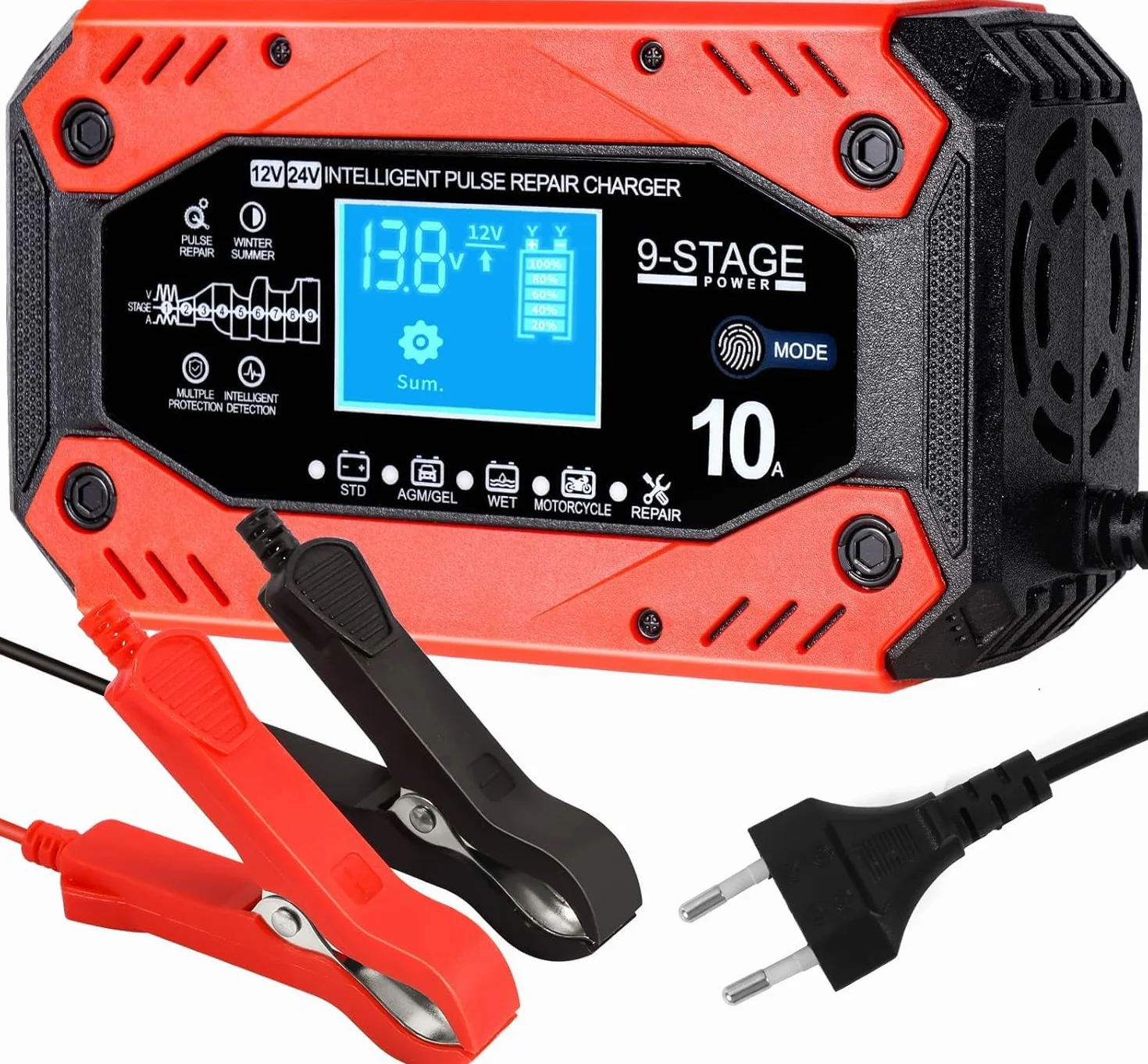 10A Carica Batteria per Auto, 12V 10A/24V 5A Multi Protezioni Caricabatterie Mantenitore di Carica Auto Moto con Schermo LCD Touch Caricatore Batterie per Moto,Barche, Auto, Batteria AGM