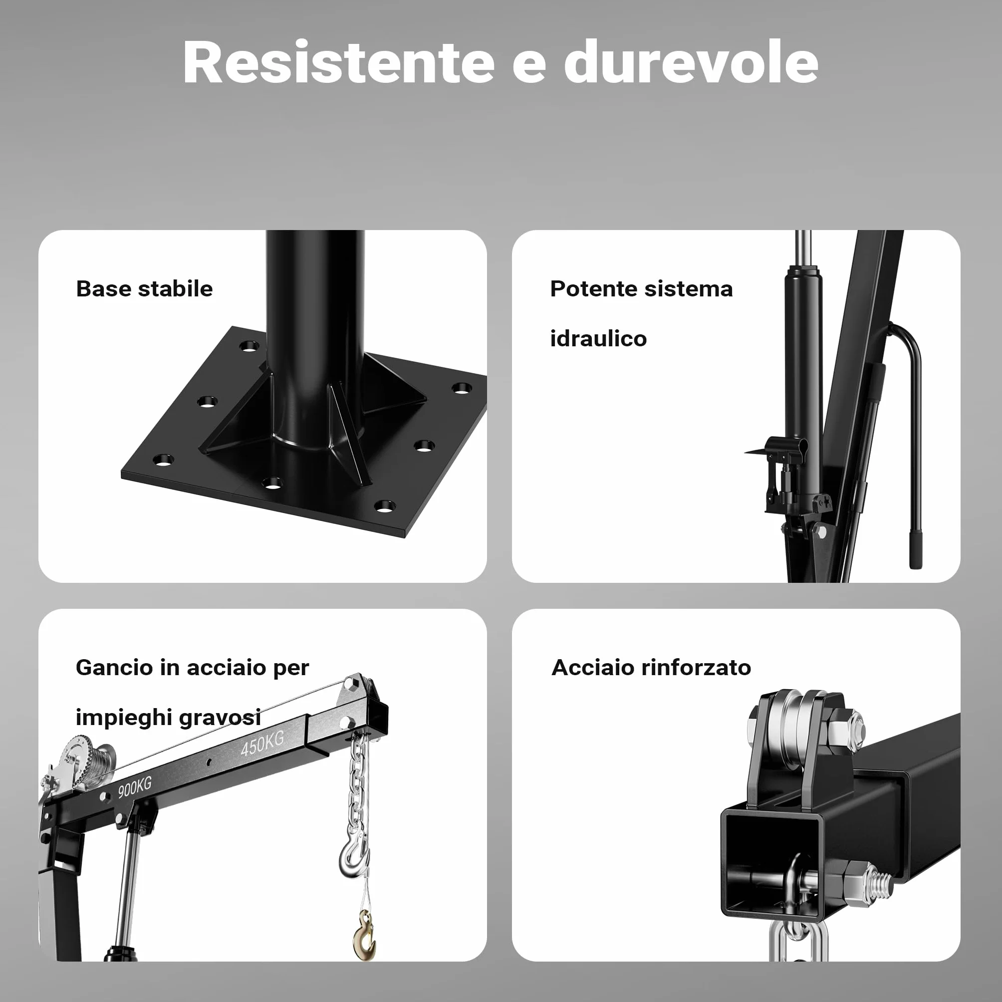Wiltec Mini gru di sollevamento idraulica con verricello 900 kg 1800 mm girevole 360°