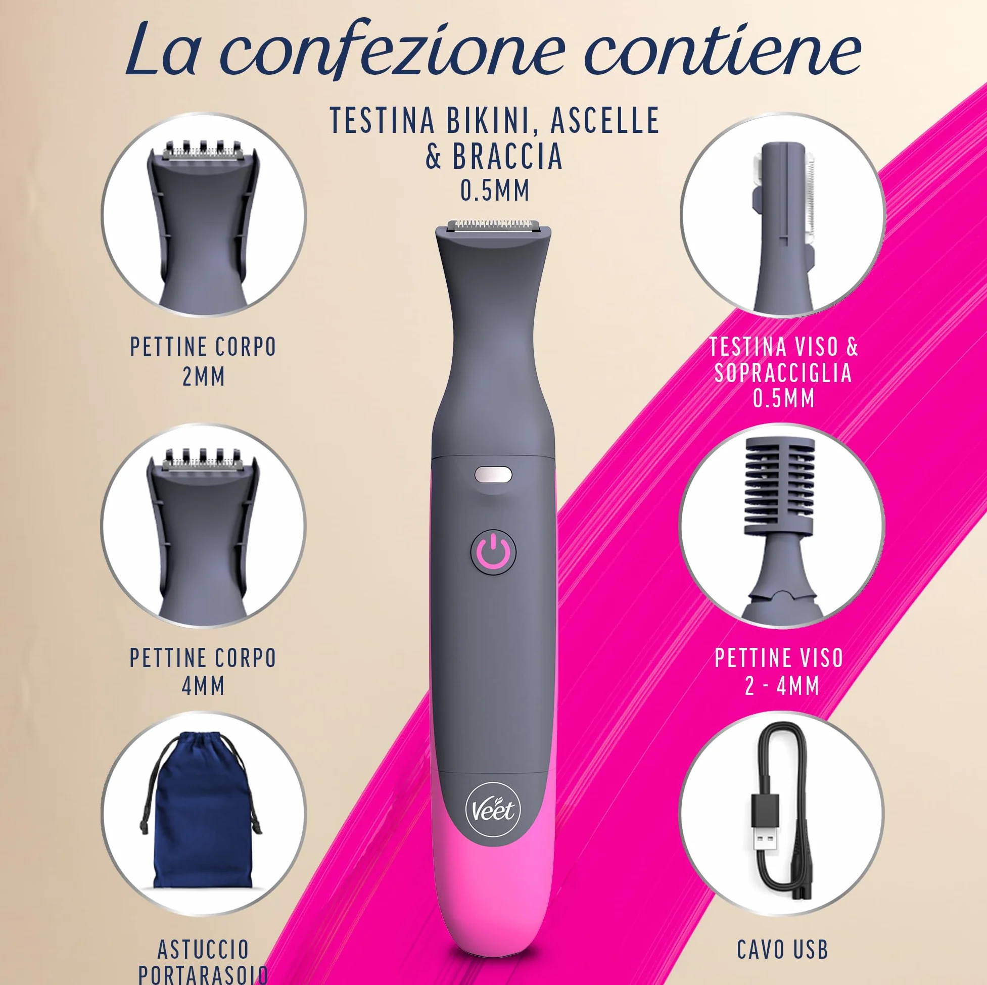 Veet Expert All-In-One Trimmer, Rasoio Elettrico Donna Viso Parti Intime, Epilatore Elettrico Donna 100% Waterproof Cordless