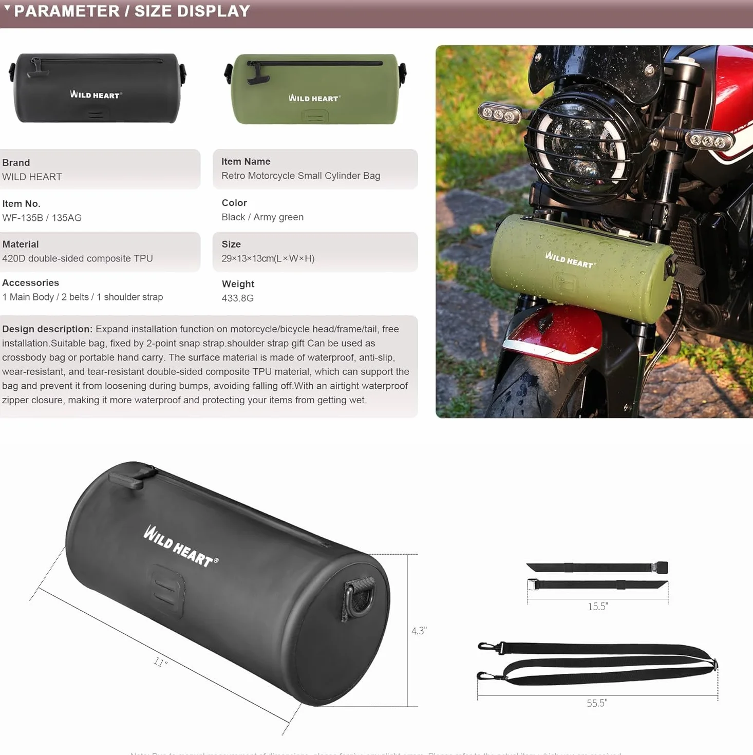WILD HEART Borsa da Manubrio per Moto Borsa Impermeabile da Forcella per Moto Dirt Bike Borsa da Manubrio Borsa Anteriore Universale per Bicicletta Piccola Borsa per Attrezzi (Nero)