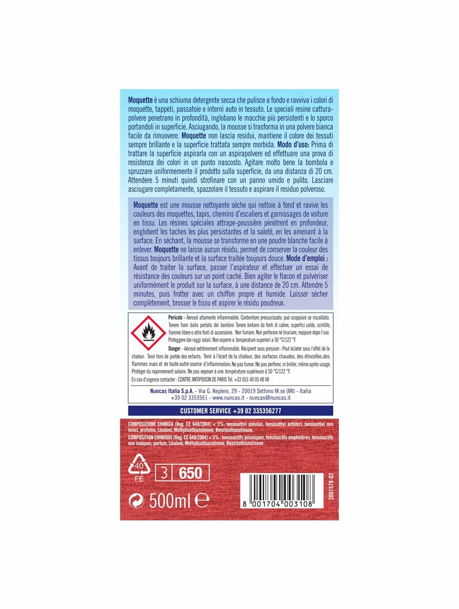 Nuncas Moquette Spray Smacchiante Moquette e Tappeti 500ml