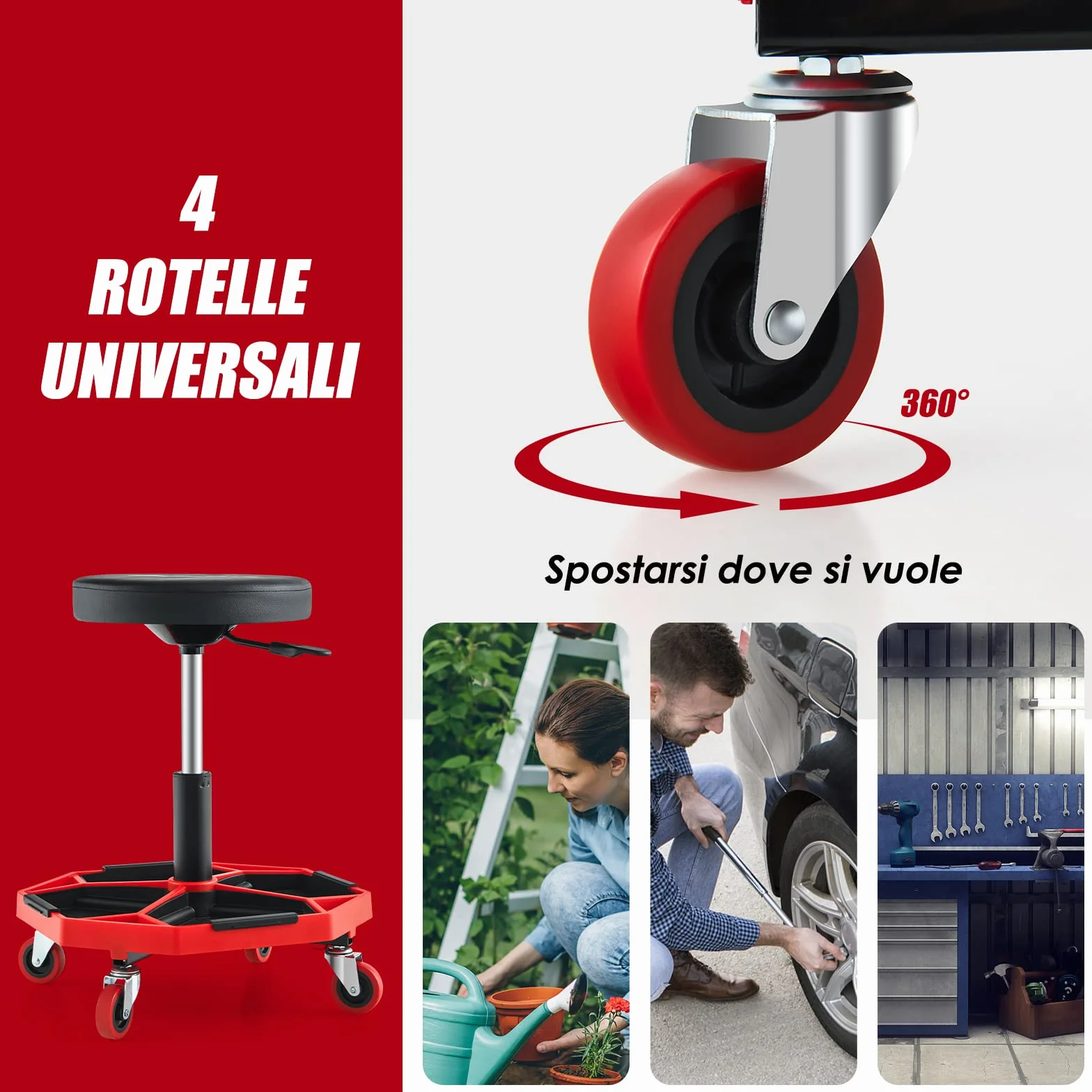 COSTWAY Sgabello da Officina con Ruote, 150 kg, Altezza Regolabile, Girevole, Rosso