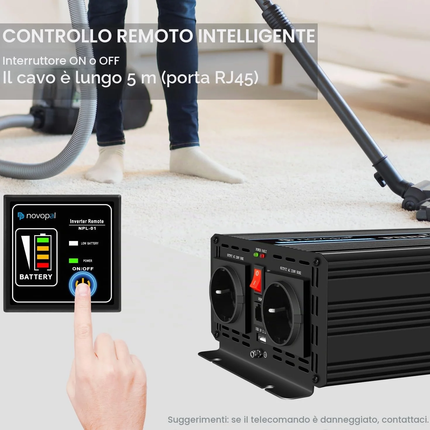 Novopal Inverter di Potenza 1000W Onda Sinusoidale DC 12V AC 220V 2 EU Presa USB Type-C